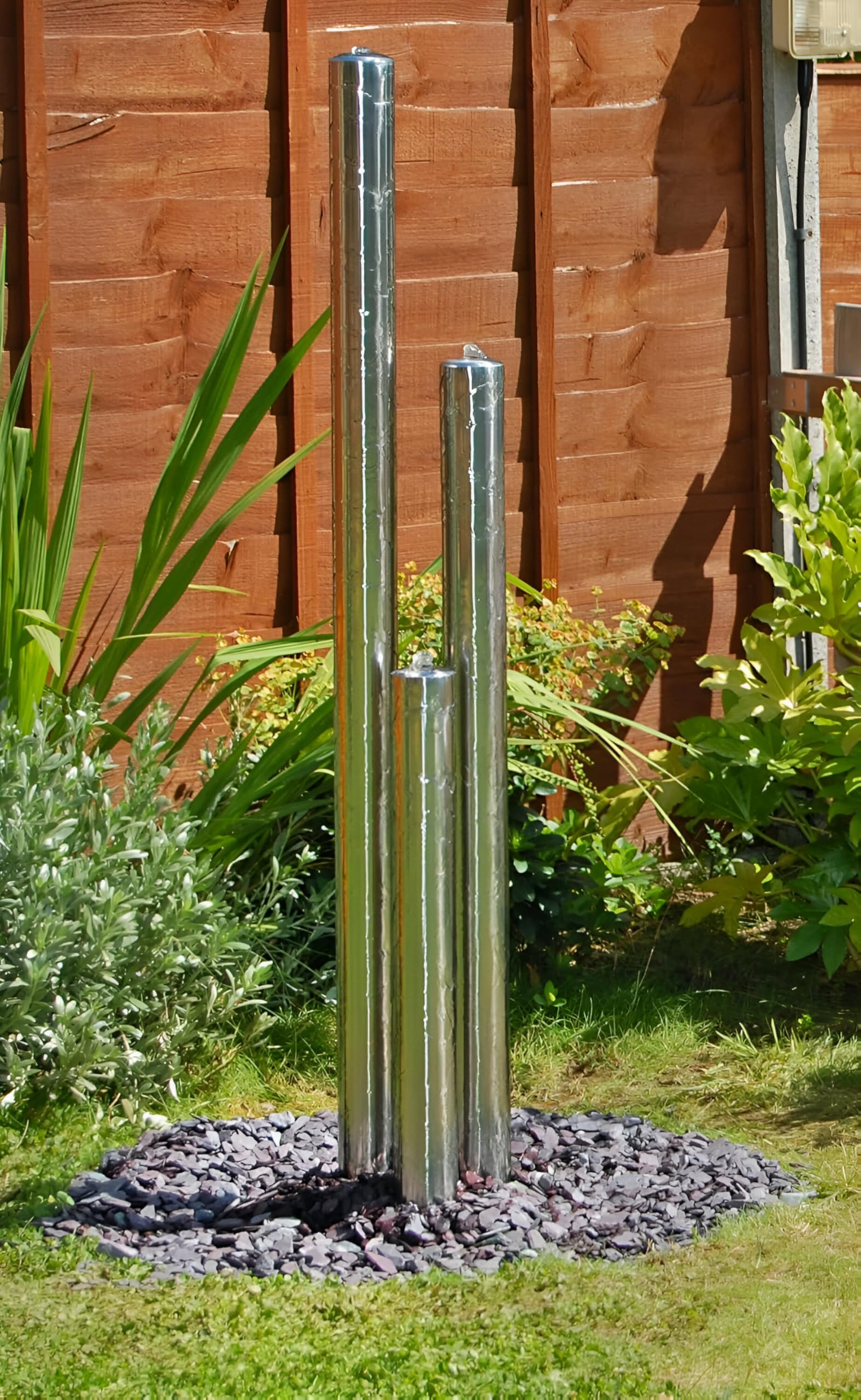 Primrose 135cm 3 Tiered Tubes Modern Stainless Steel Column Outdoor Water Feature with Lights on Base
