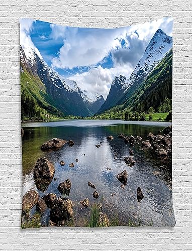 Ambesonne Tapiz de naturaleza, montañas, río y cielo abierto, bellezas naturales de Noruega, fiordos de paisaje nórdico, colgante de pared para