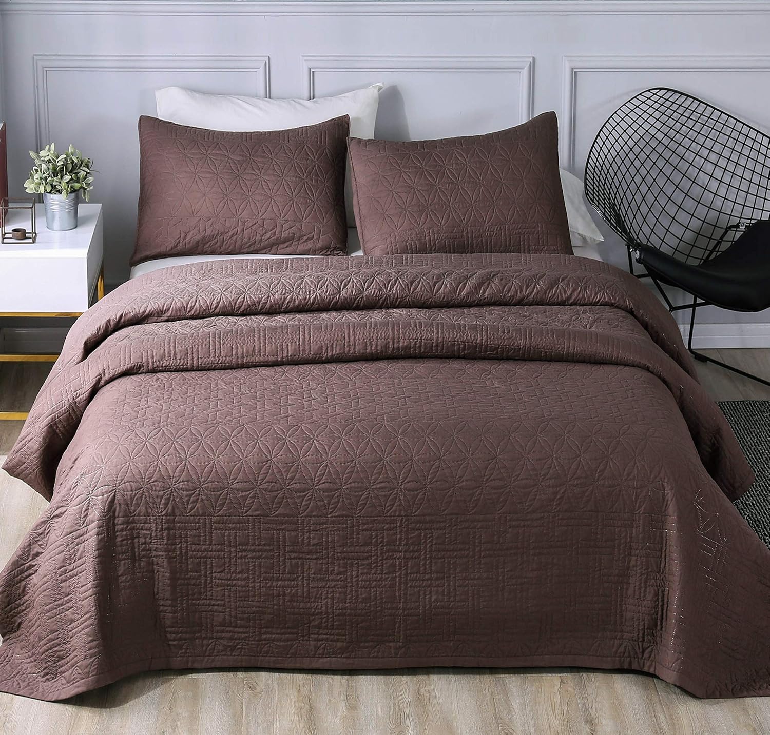 Pre-Washed Super Soft 3 Pieces Quilt, Coverlet Set, Trendy Pattern, King Set and Queen Set Available in Solid Colors, Good for All Seasons. (Jayden Deep Taupe, Queen Set)