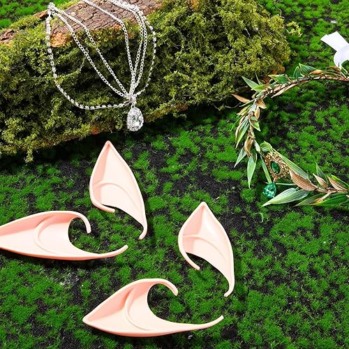 Vista 6 de Geyoga Juego de disfraz de hadas para mujer, orejas de elfo y diamantes de imitación, corona de hojas para Halloween, princesa medieval