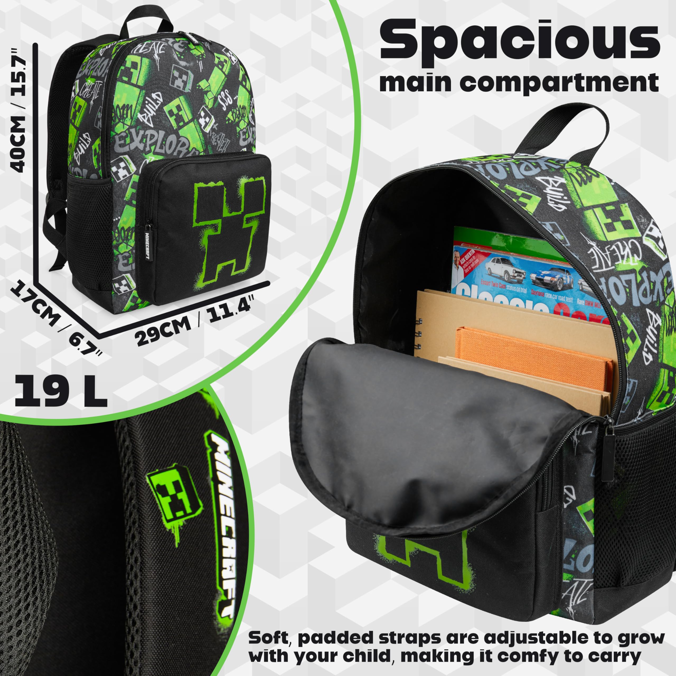 Minecraft Sac a Dos Enfant Creeper Poches Zippées Bretelles Réglables École Sac à Dos Garçon Voyages Sportifs Cadeau Garcon