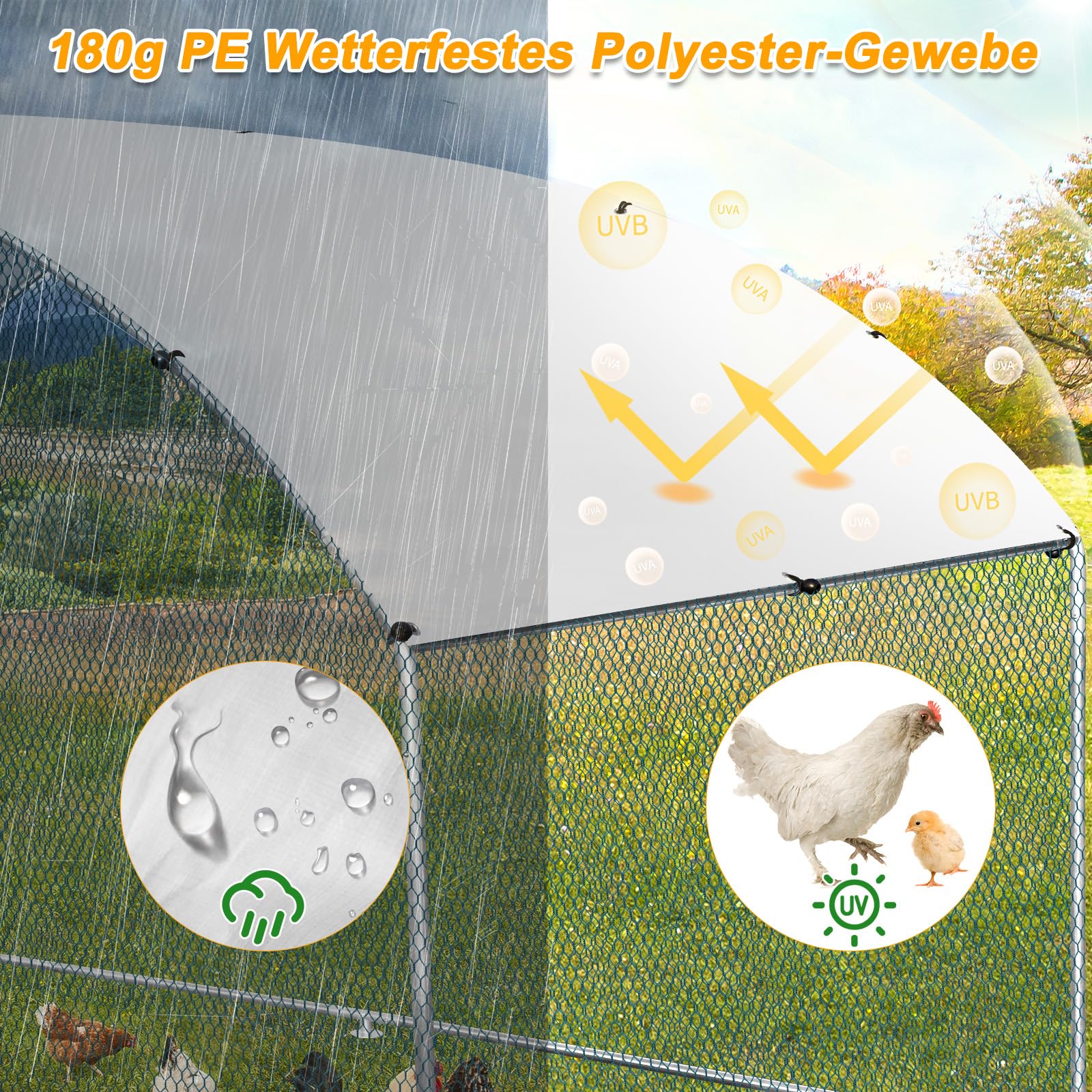 LEADZM Gallinero, 3 x 2 x 2 m, cercado para gallinas, 6 m², gran recinto con polietileno impermeable, de acero galvanizado, cúpula