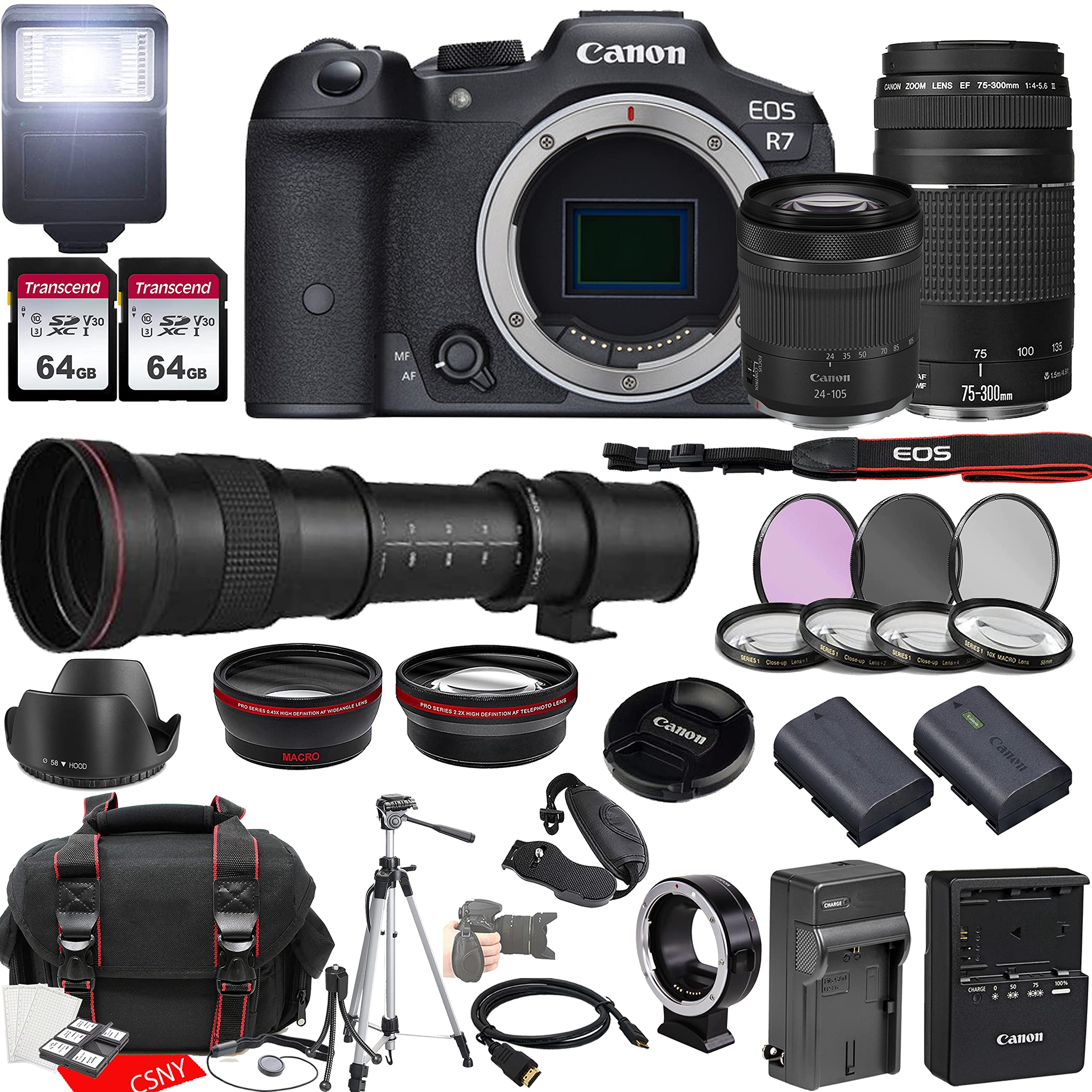 Canon EOS R7 Mirrorless Camera w/RF 24-105mm f/4-7.1 is STM Lens + EF 75-300mm f/4-5.6 III Lens + 420-800mm f/8.3 HD Telephoto Lens + 2X 64GB Memory, Hood, Case, Filters, Tripod & More (35pc Bundle)