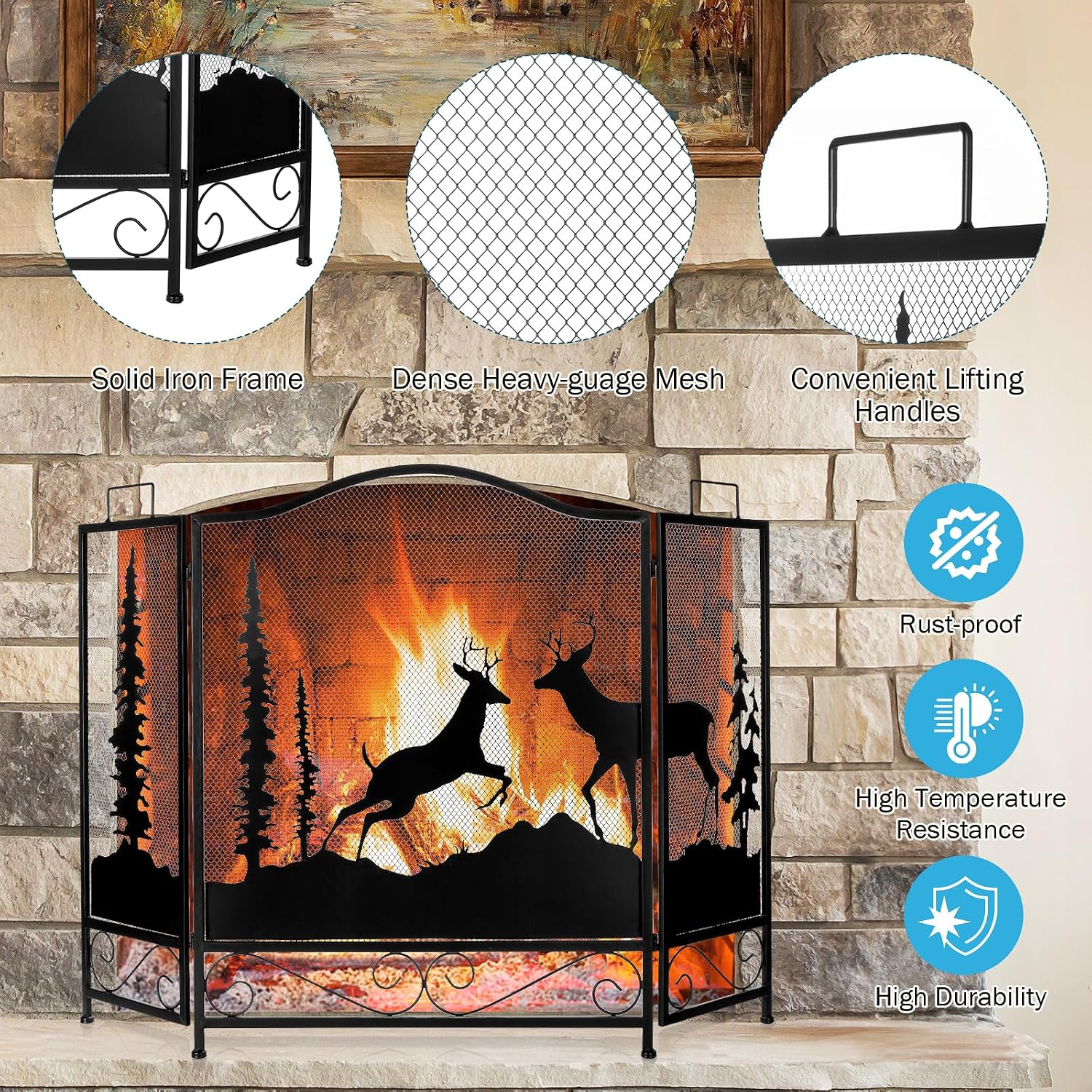 IRONWALLS 3 Panel Fireplace Screen with Deer Pattern, 47.6” x 30.7” Large Folding Fireplace Screen Decorative, Iron Black Fire Screen Mesh Cover Spark Guard Child Proof for Home, Farmhouse