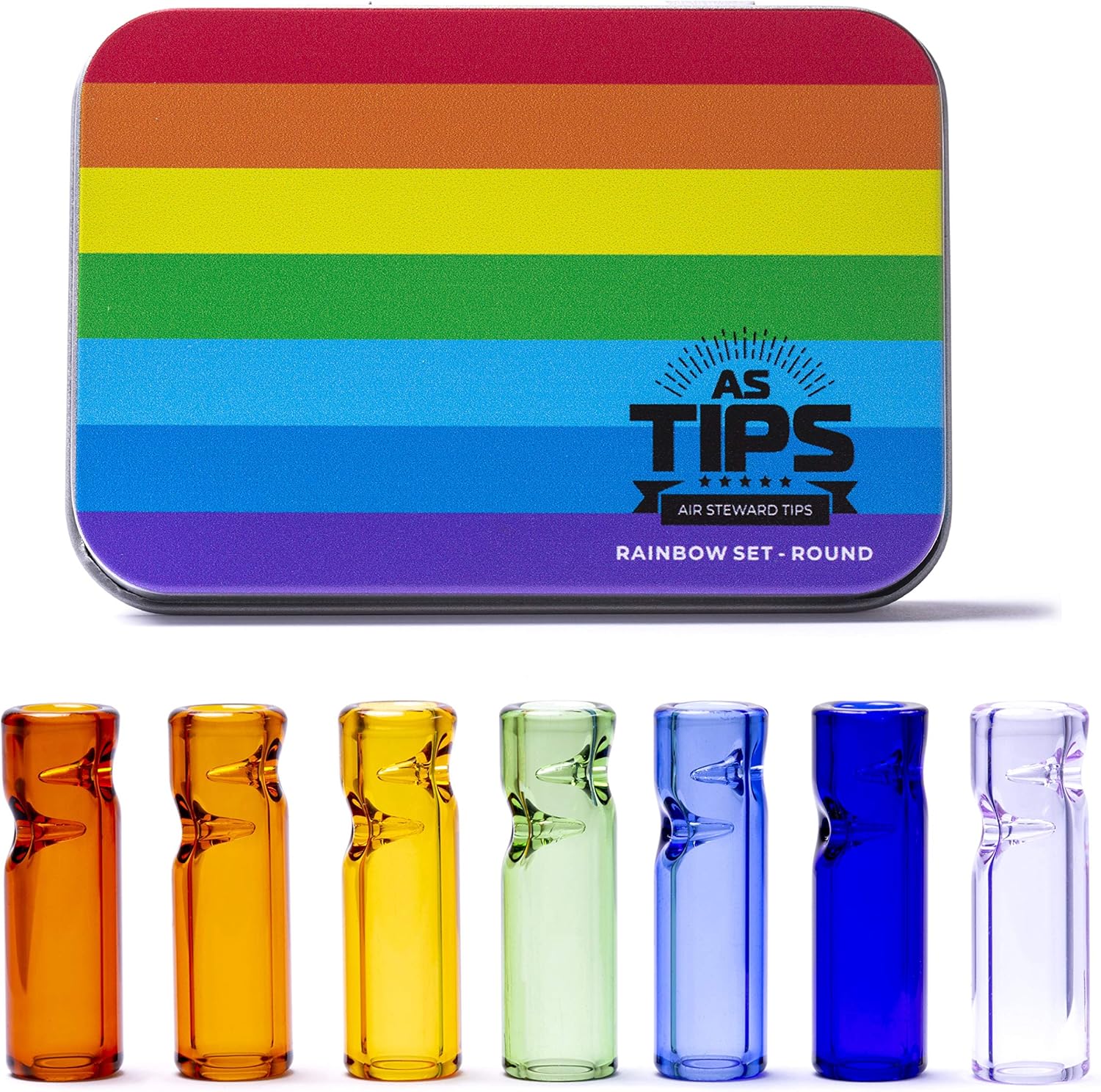 Premium Quality Glass Cigarette Rolling Filter Tips - Rainbow Set - Pack of 7 (8x25mm-Round Mouth) 7 Count (Pack of 1)