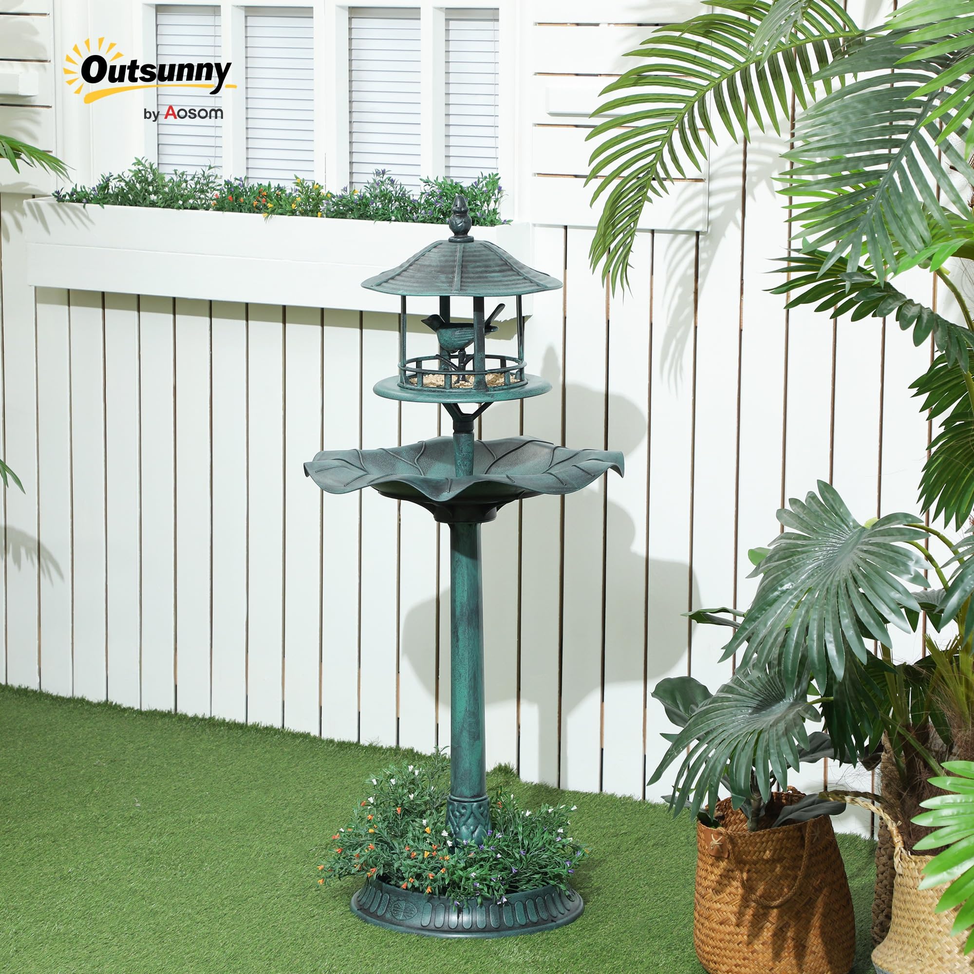 Outsunny Vogelbad Vogeltränke Vogeltränke Blumenkasten 3 in 1 Abm. Ø 50 x 113H cm Polypropylen grün-grau