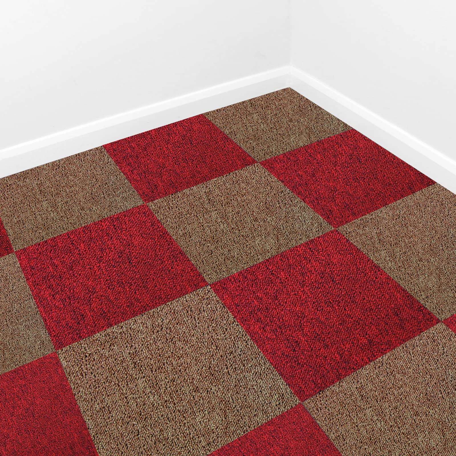 Dalle de Moquette Ultra-Résistant Couleur Sable & Rouge Écarlate pour Usage Professionnel, 2 Paquets de 20 Dalles de 50cm x 50cm (Superficie de 10m²)