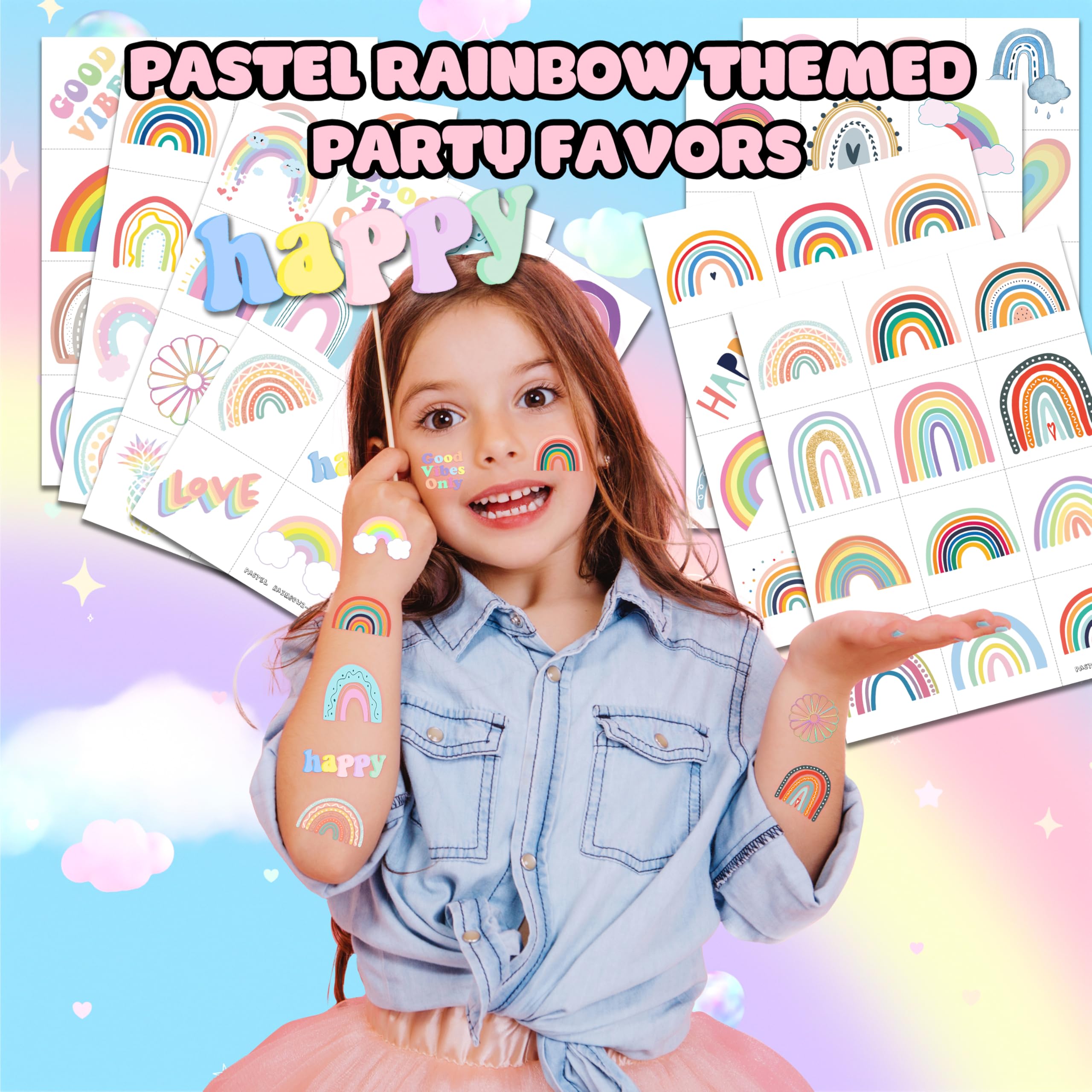 96 PCS Pastel Rainbow Pre-Cut Temporary Tattoos Sticker Boho Rainbow Birthday Party Decorations Favors Supplies Decor Gifts Boys Girls Baby Shower Cute Fake Tattoo School Reward Themed (Normal)