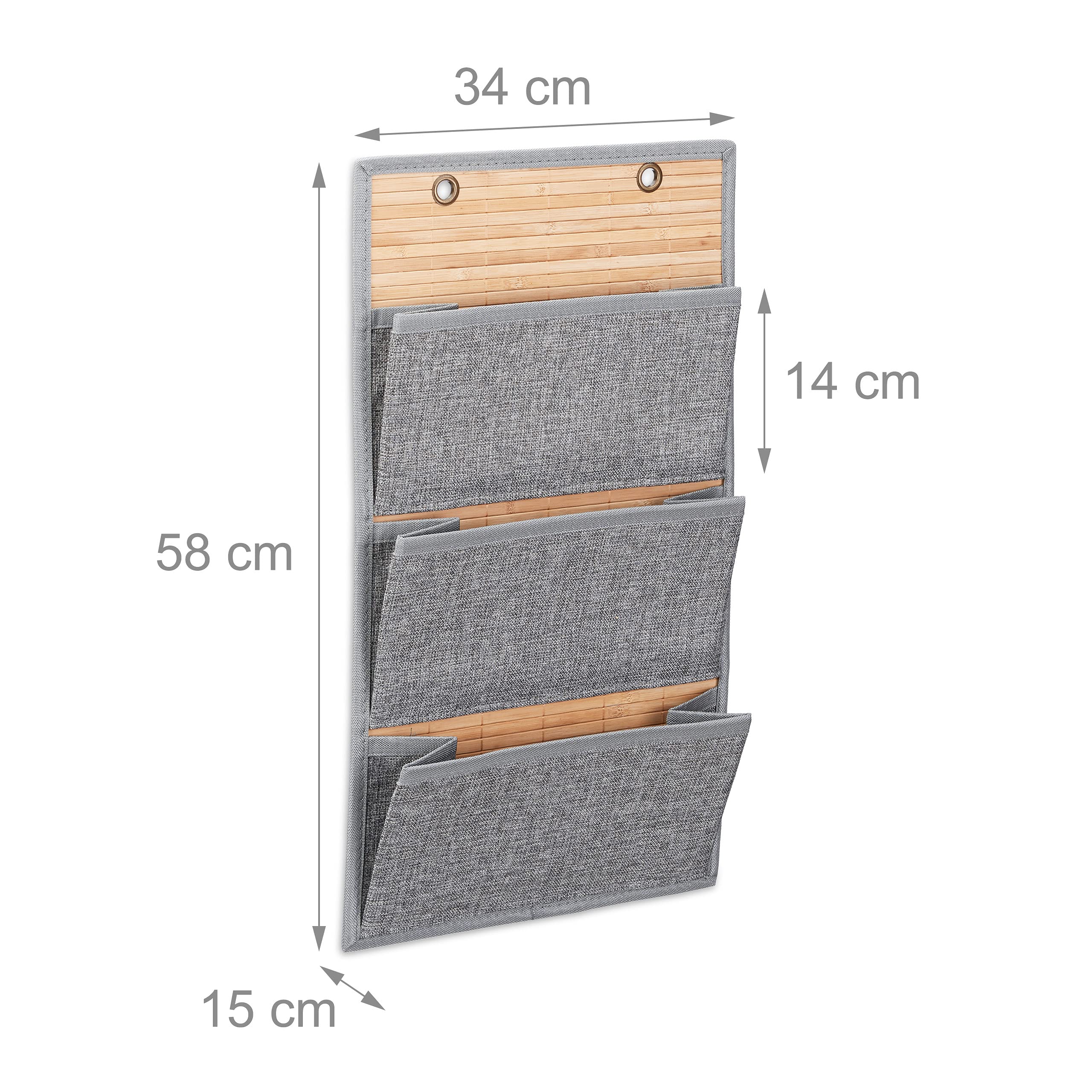 Relaxdays Wandorganizer Bambus mit Jutemuster Fächer versch. Größen, Zeitungshalter zum Hängen für Büro und Flur, grau