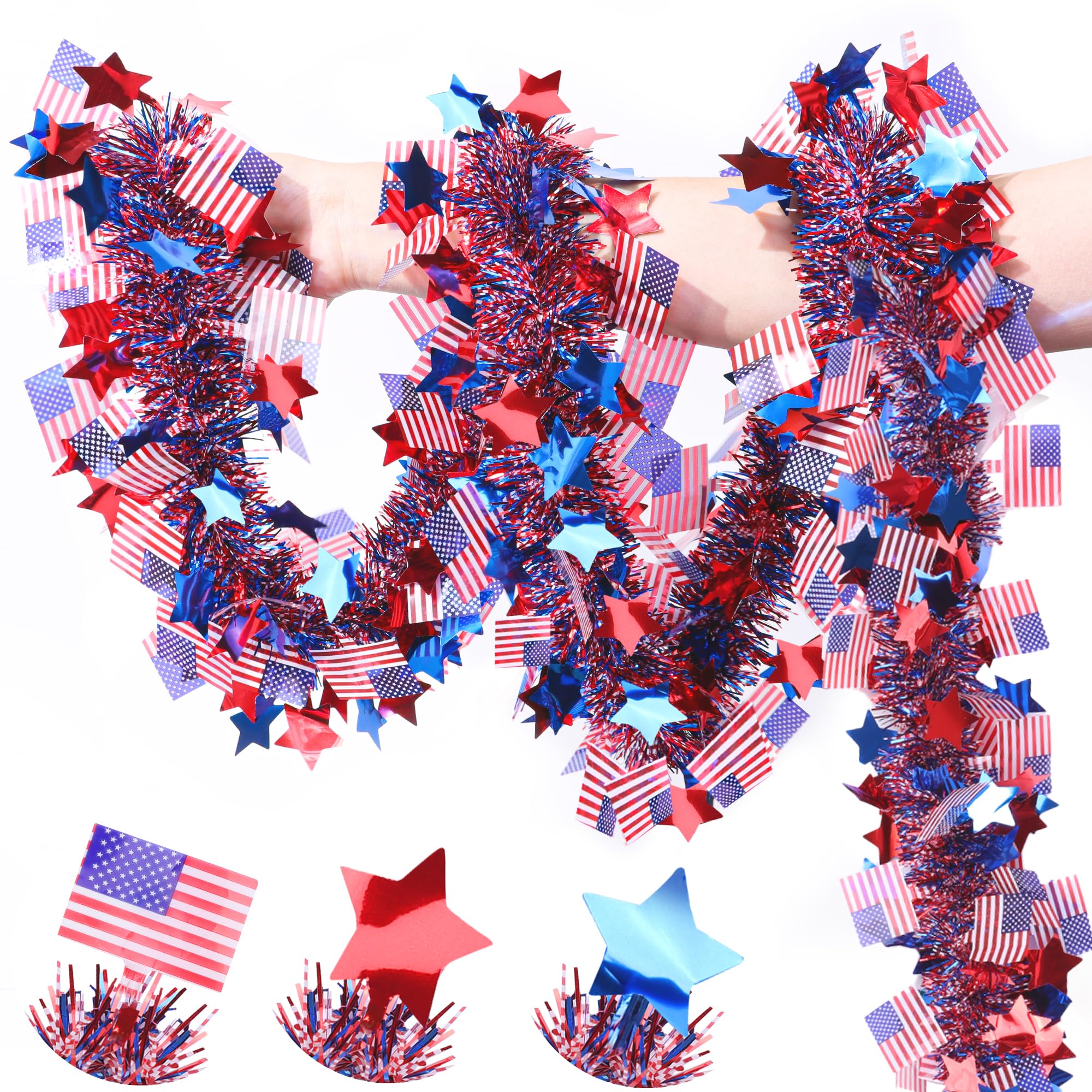 50FT 4th of July Decorations Red White Blue Star American Flag Tinsel Garland, Glitter Patriotic Garland for Fourth of July Independence Day Memorial Day Decor Outdoor Indoor Home Party Decor Supplies