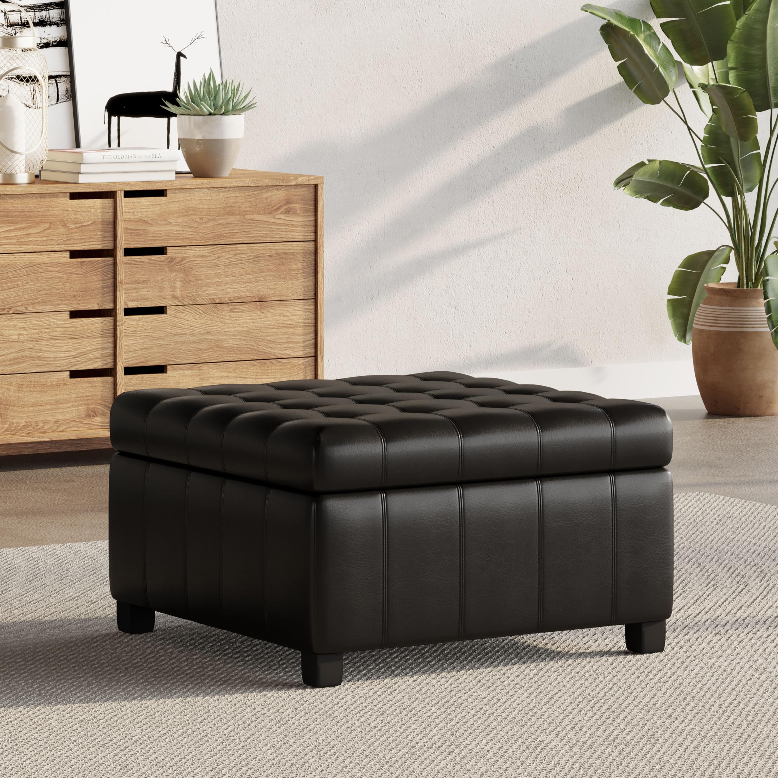Christopher Knight Home Faux Leather Storage Ottoman Square Ottoman End of Bed Ottoman Cube for Bedroom Entryway Foot Rest Stool with Hinged Lid 30.25