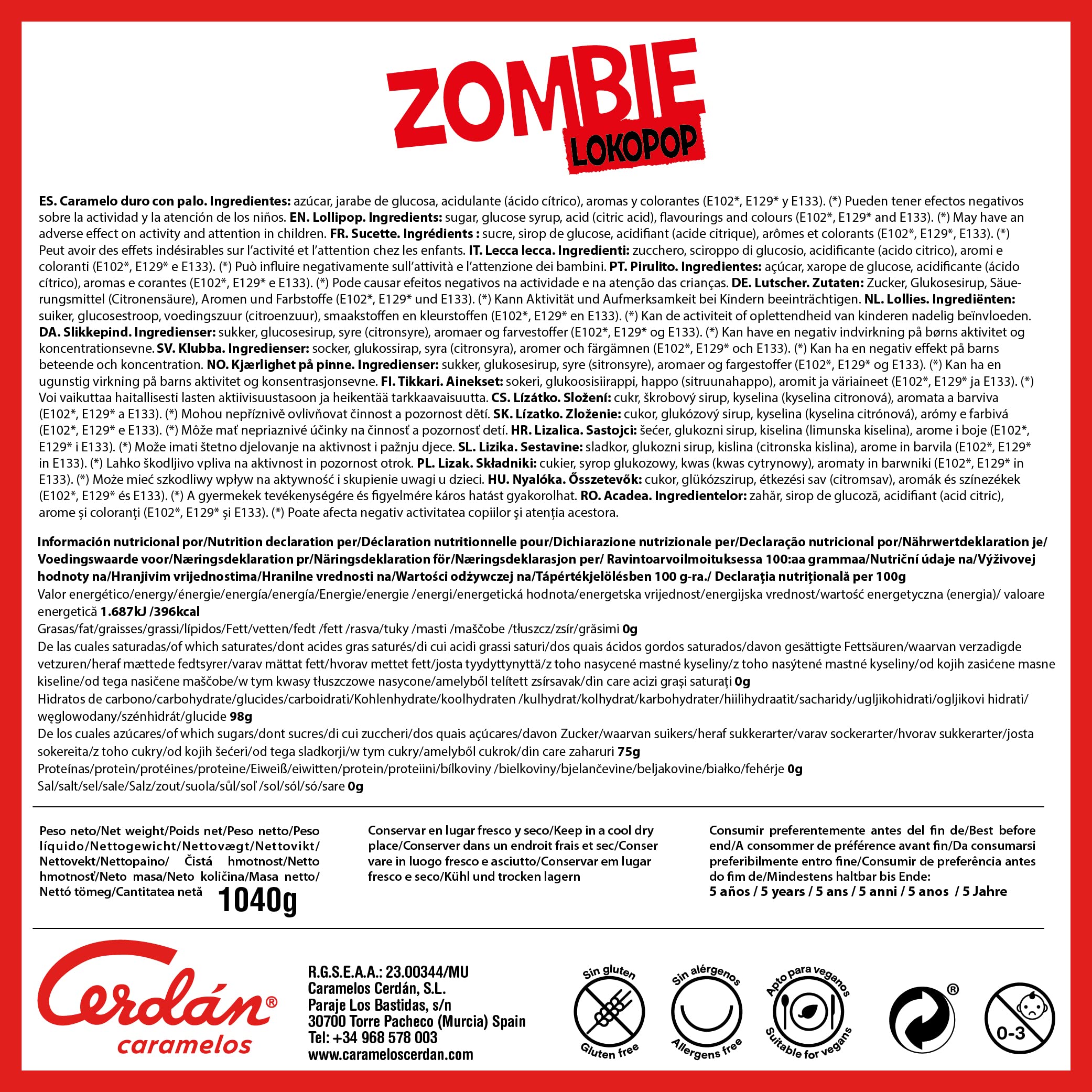 Caramelos Cerdán - Piruletas Zombie LokoPop Pintalenguas de Sabores Variados | Tarro de 200 Unidades | Caramelos Sin Gluten ni Alérgenos | Ideal para Fiestas, Eventos y Cumpleaños
