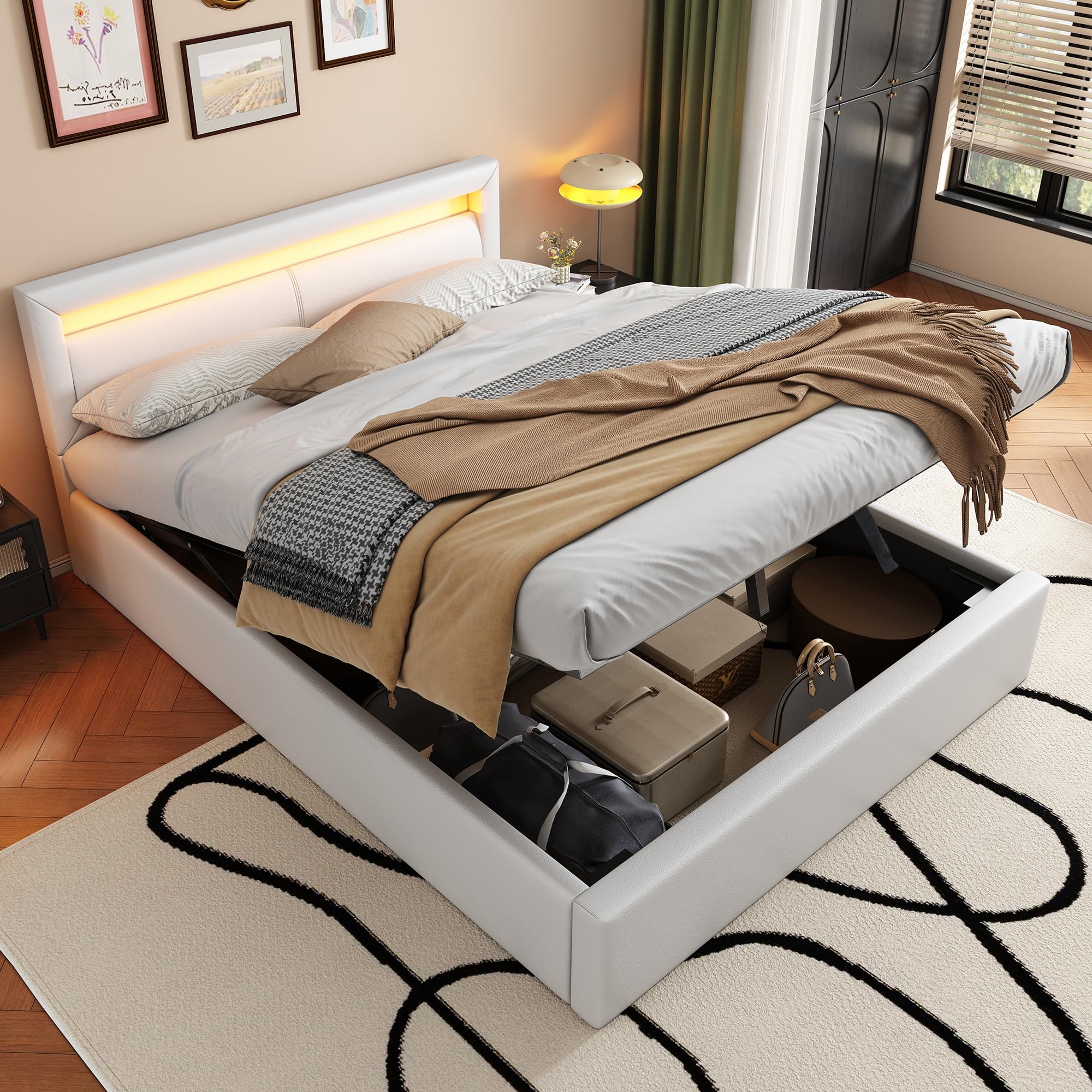 Cama tapizada, Cama LED, 140 * 200 cm, con somier de láminas y canapé, con cabecero Iluminado, Color Blanco, cabecero y Polipiel