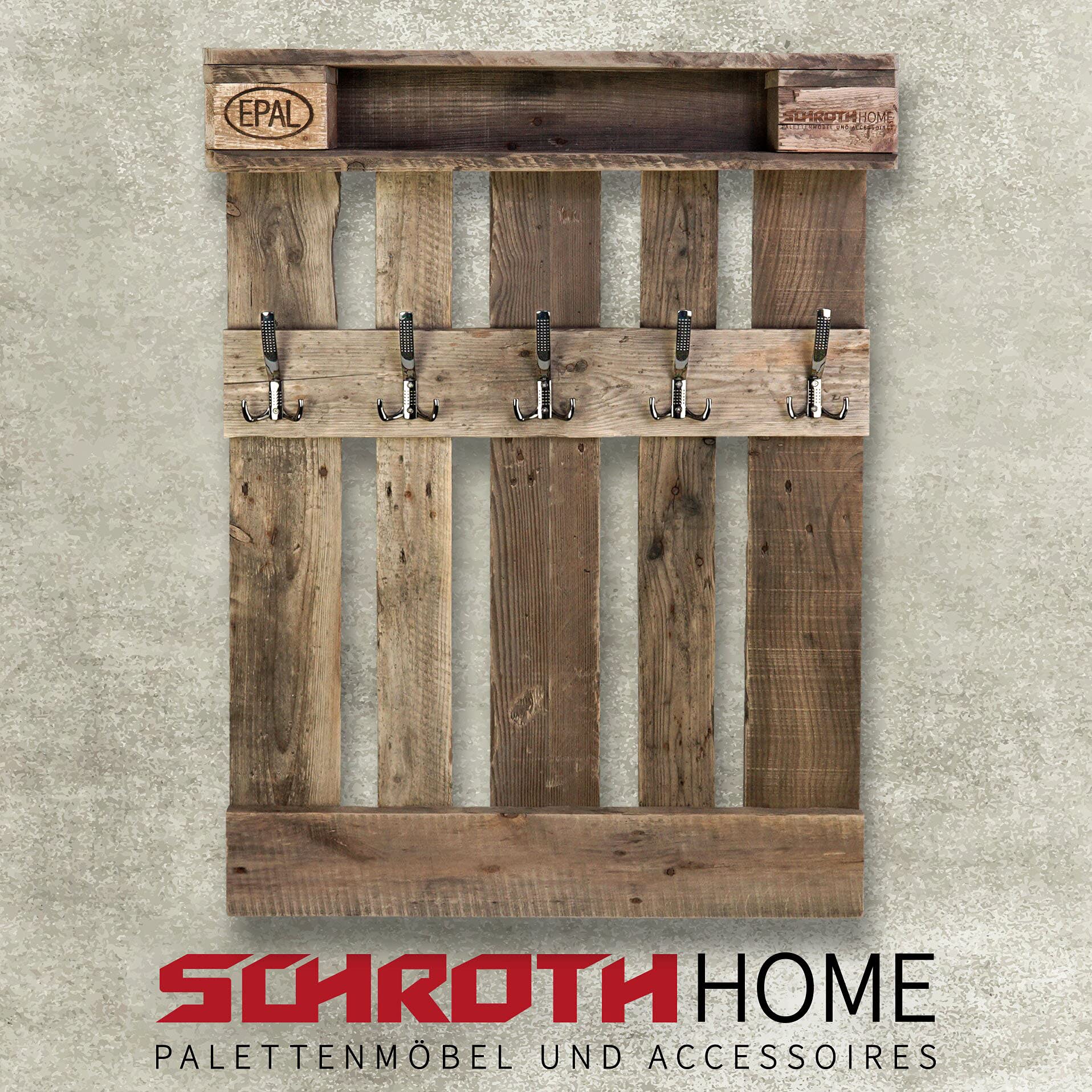 Schroth Home PALrobe Maxi 120 x 80 x 14 cm – Wandgarderobe mit Ablage – Vintage-Garderobe aus Holz – mit Haken