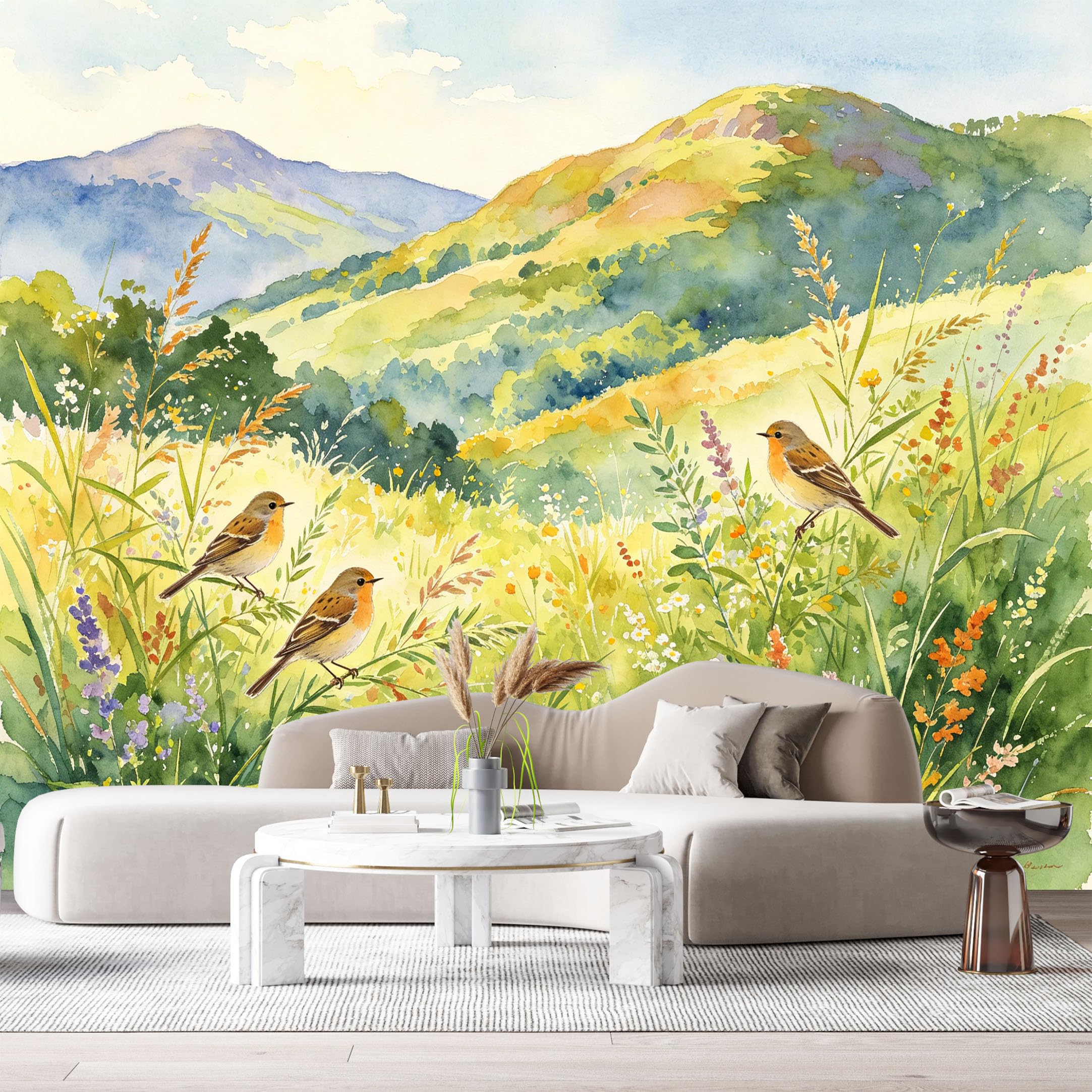 Custom Size Wall Murals Watercolor Landscape Hill Meadow Birds Wildflowers SelfAdhesive Wall Fabric Removable Large Wallpaper for Photo Living Room Interior Decor