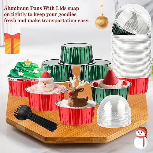Miniatura 55 de 50 moldes para hornear con tapas, mini moldes de aluminio de 4 onzas con tapas, moldes desechables, moldes individuales para tartas, forros