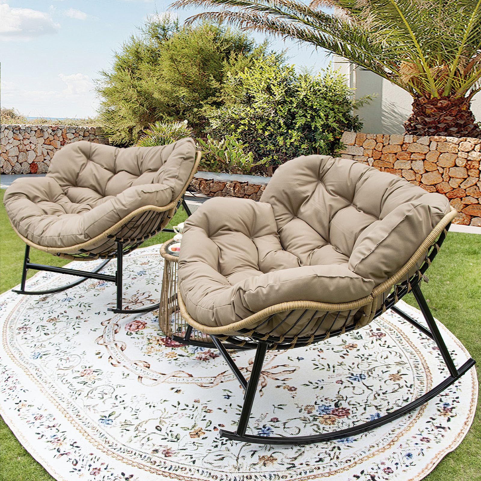BULEXYARD Double Rocking Lounge Chairs Outdoor, 2 PCS Papasan Rocking Chair with Padded Cushion, All Weather PE Wicker Recliner Glider, Big Comfy Egg