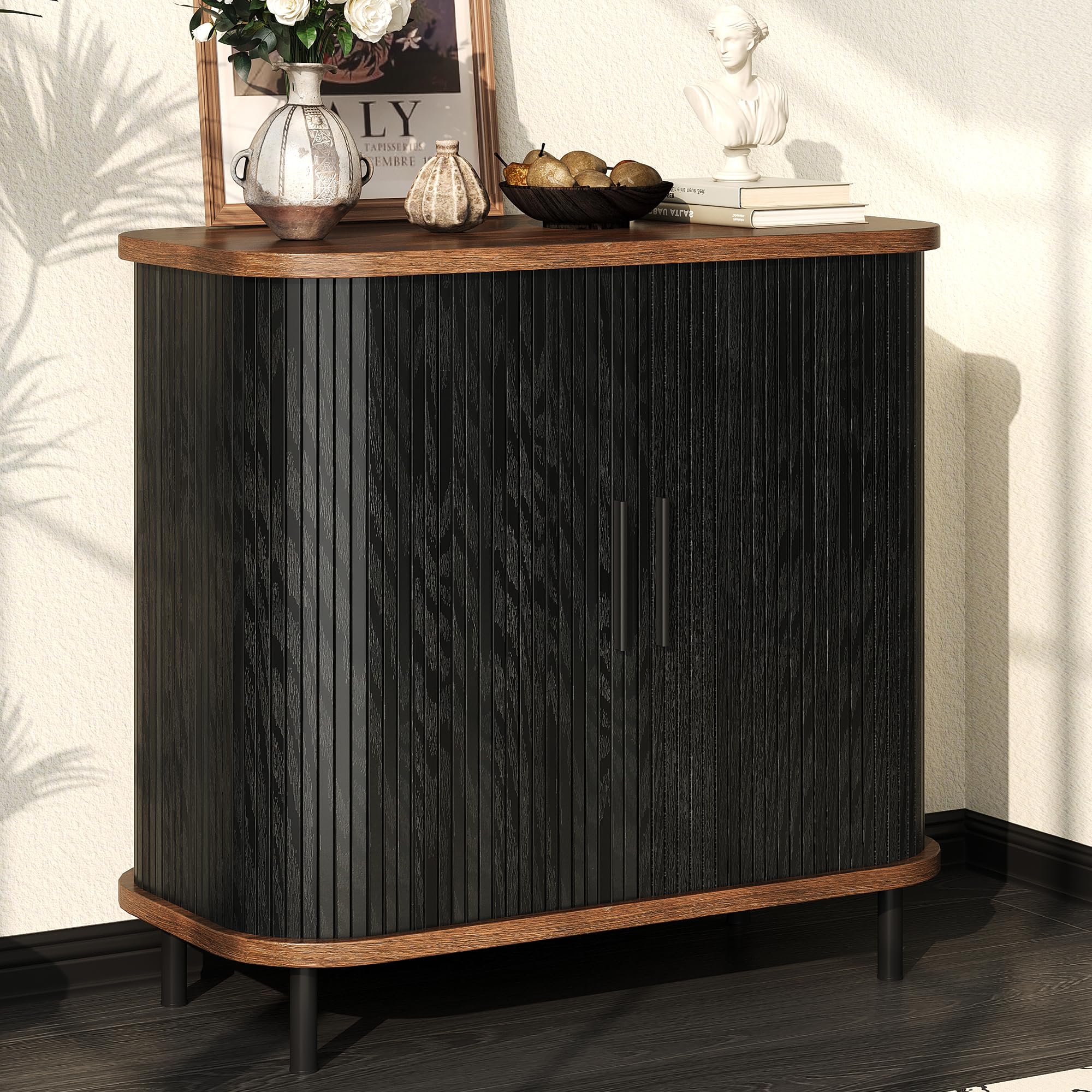 Fluted Sideboard Buffet Cabinet, 31''W Storage Cabinet with Sliding Door, Coffee Bar Buffet Cabinet for Living Room, Kitchen, Entryway, Black