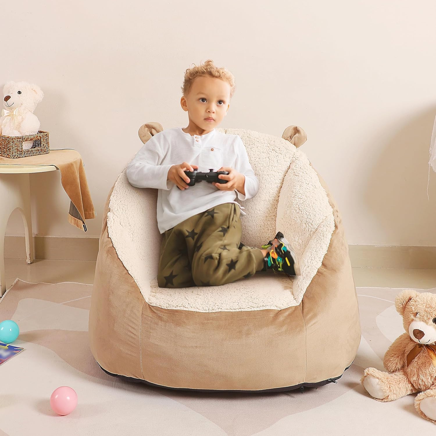Cute Soft Bean Bag Chair for Kids with Fluffy Bear Ears, Cozee Fluffy Lazy Chair for Up to 10 Years Old Girls and Boys