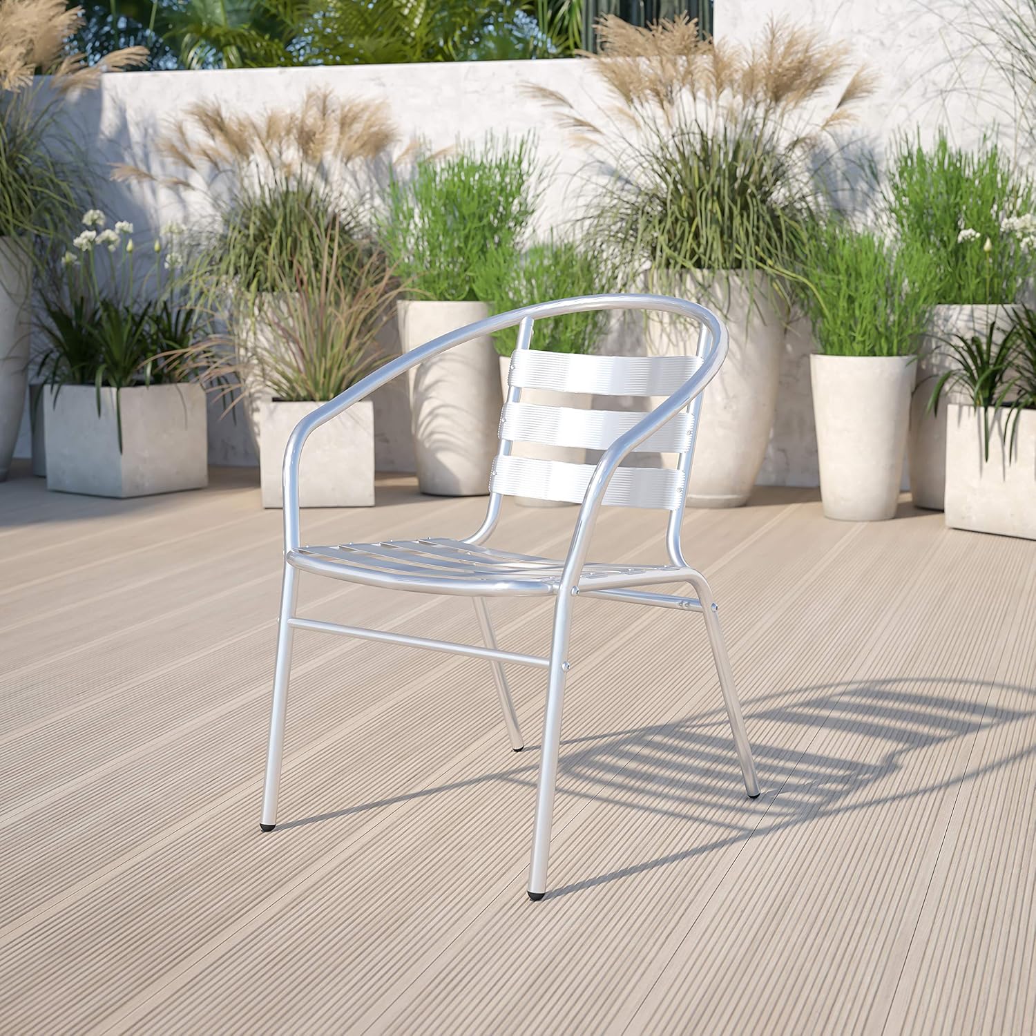 BizChair Aluminum Indoor-Outdoor Stack Chair with Triple Slat Back and Arms