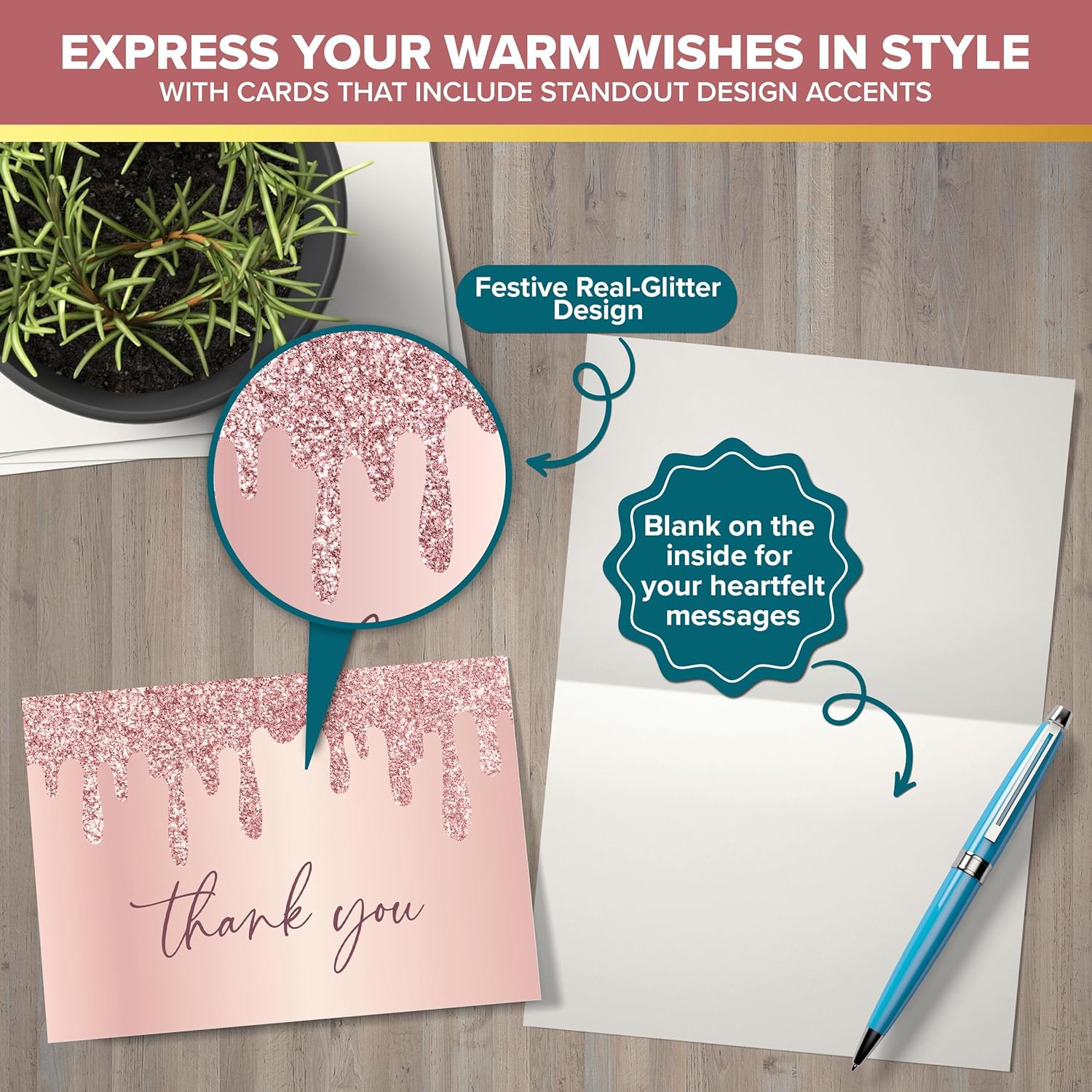 Decorably 24 Pack Glittery 6x4in Rose Gold Thank You Cards with Envelopes and Stickers, 6 Elegant Designs for Friends, Loved Ones, Blank Inside - All Occasions, Wedding, Baby Shower, Gifting, Mailing - Image 4