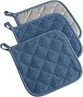 DII Basic Terry Quilted 100% Cotton Potholders, Blue, 3-Piece Set - Heat Resistant Hot Pads for Kitchen Safety