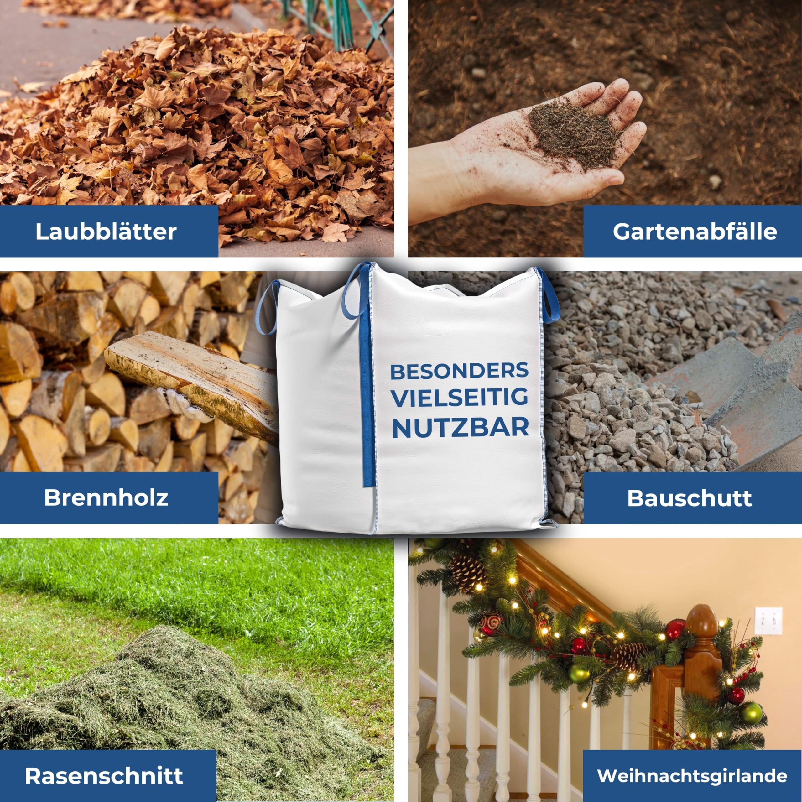 Big Bag – Premium Säcke für Bauschutt, Gartenabfälle, Holz, Sand, Erde, Grünschnitt, Weihnachtsgirlande – 90x90x90cm 1.000kg mit 4 Hebeschlaufen für Transport (1 Stück (1er))