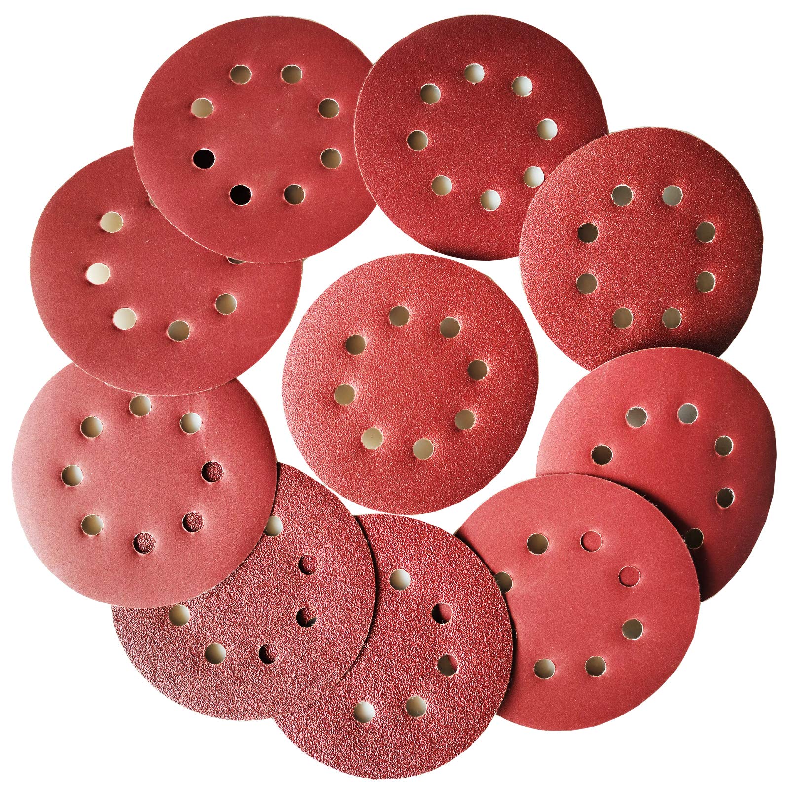 100 Pcs Sanding Discs 5 Inch 8 Holes Hook and Loop 60/80/ 100/120/ 150/180/ 240/320/ 400/600 Grit Assorted for Random Orbital Sander