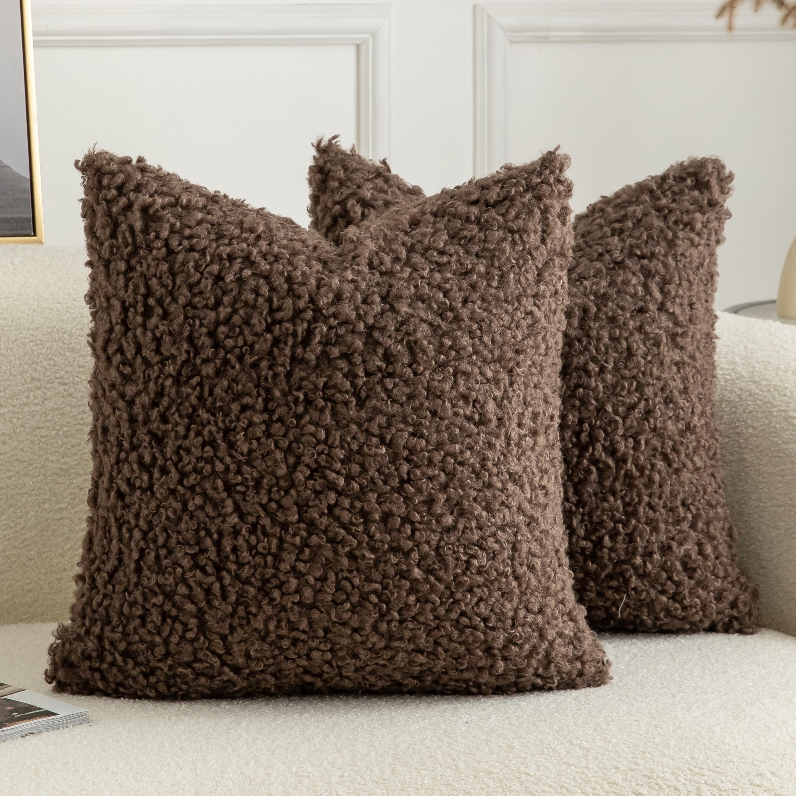 Joyouth Pack of 2 Curly Teddy Wool Faux Fur Cushion Cover Fuzzy Accent Soft Sherpa Pillowcases Sheepskin Fleece Decorative Cushion Case for Sofa Couch Living Room 18x18 Inch Chocolate โ image 1