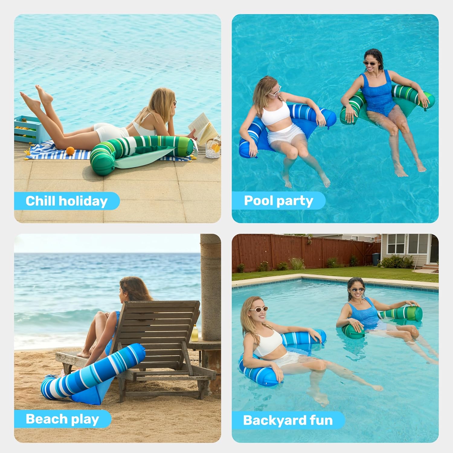 Sloosh Inflatable Pool Floats Chairs Adults, 2 Packs Floating Noodle Chair with Stripes Design Soft Fabric Covered with Sling for Swimming Pool Water Chair Pool Lounger Party Floaties