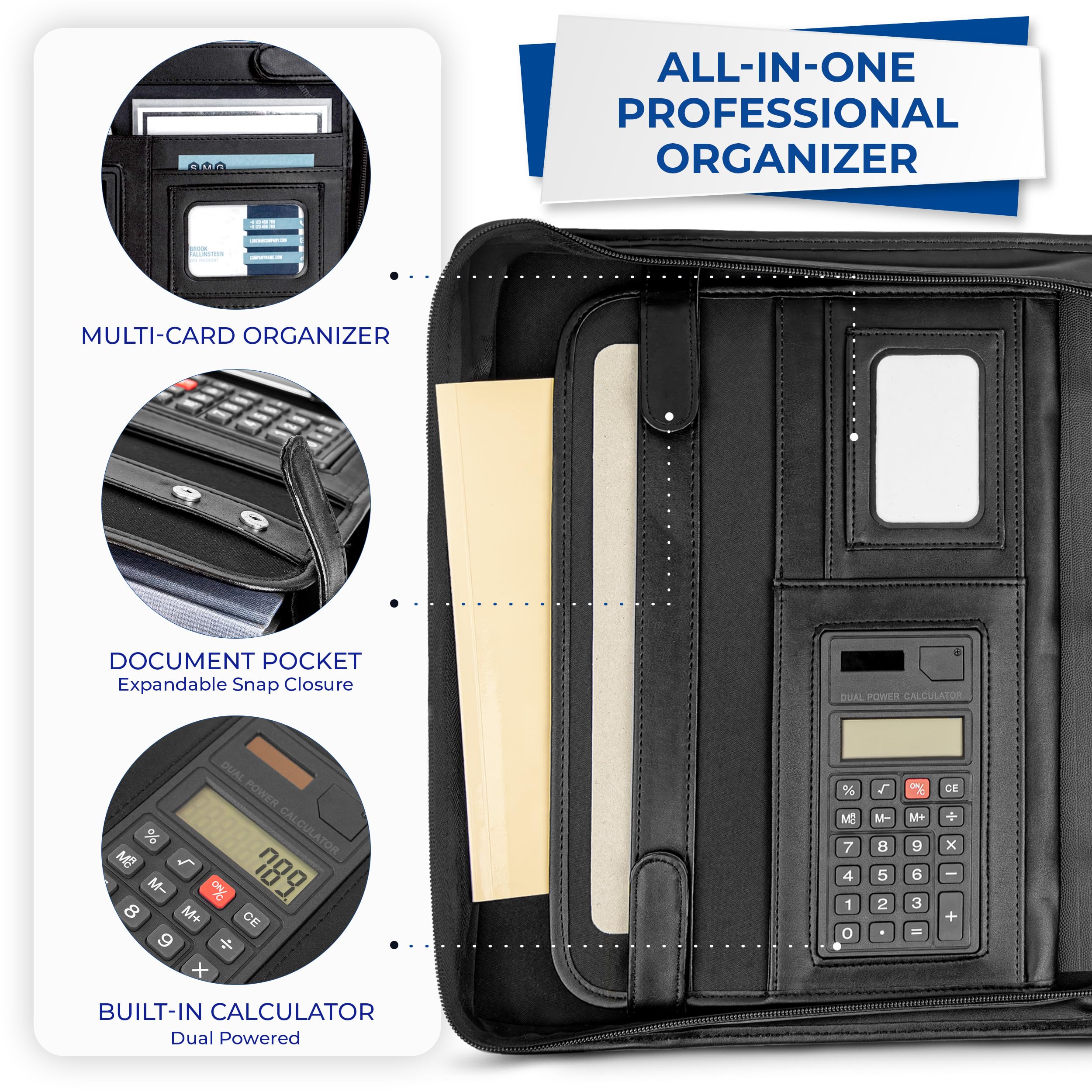 Samsill profesional funda de cartera con cierre de cremallera, tamaño de letra 2 asas, anillas extraíbles, retráctil, bloc de notas, interior Funda para Tablet 10.1 Pulgadas, Negro