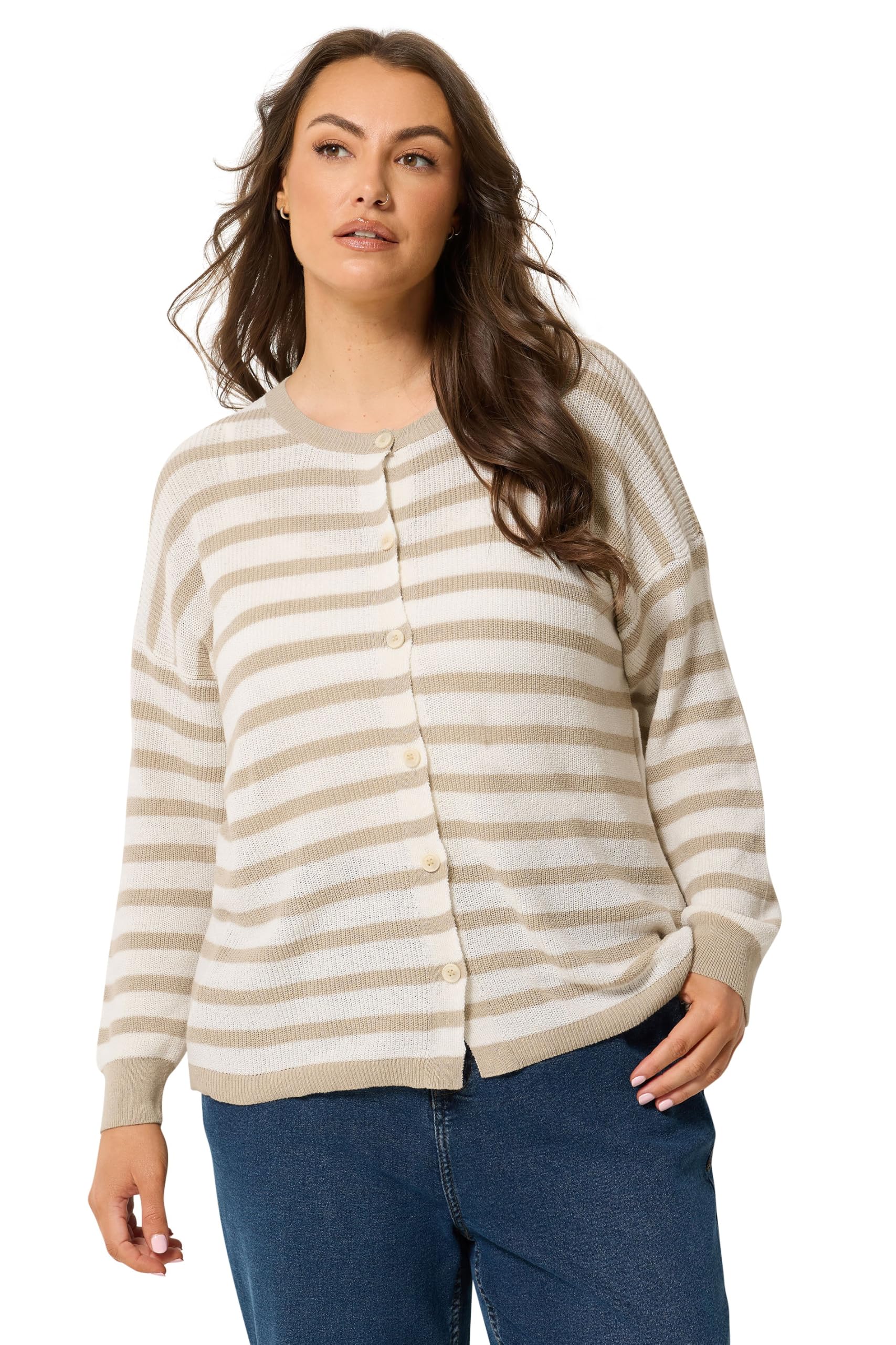 Yours Women's Natural Stripe Knitted Cardigan In | Size: 22/24