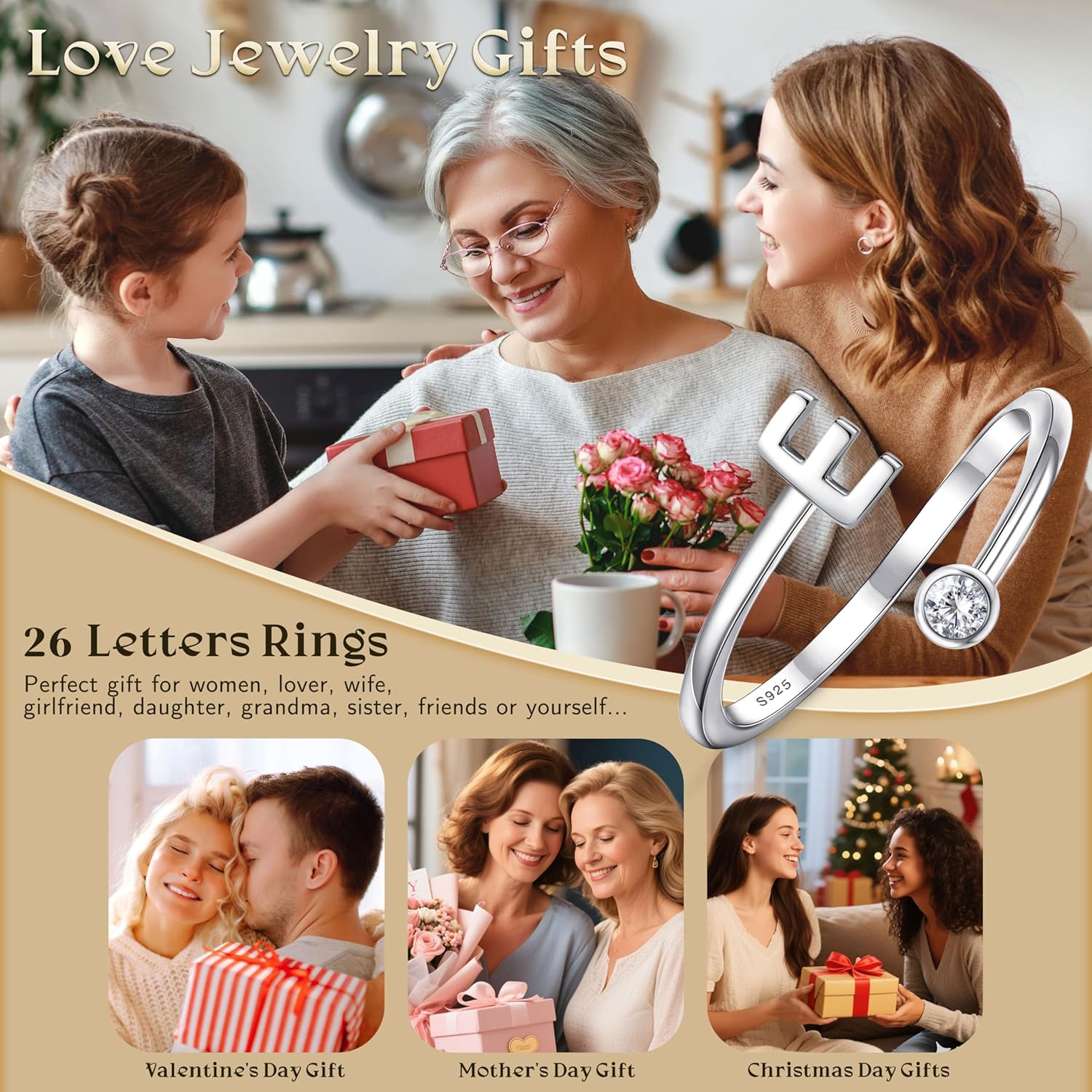 MILACOLATO 925 Sterling Silver Initial Rings for Women Teen Girl 18K White Gold Plated Letter Rings Adjustable Capital Letter Ring Stackable Thumb Pinky Rings for Mothers Birthday Valentine's Day Gifts Jewelry - Image 6