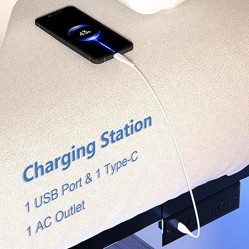 Miniatura 6 de Base de cama Queen con luces LED, plataforma de metal resistente de 14 pulgadas, marco de cama tamaño Queen con estación de carga, no necesita