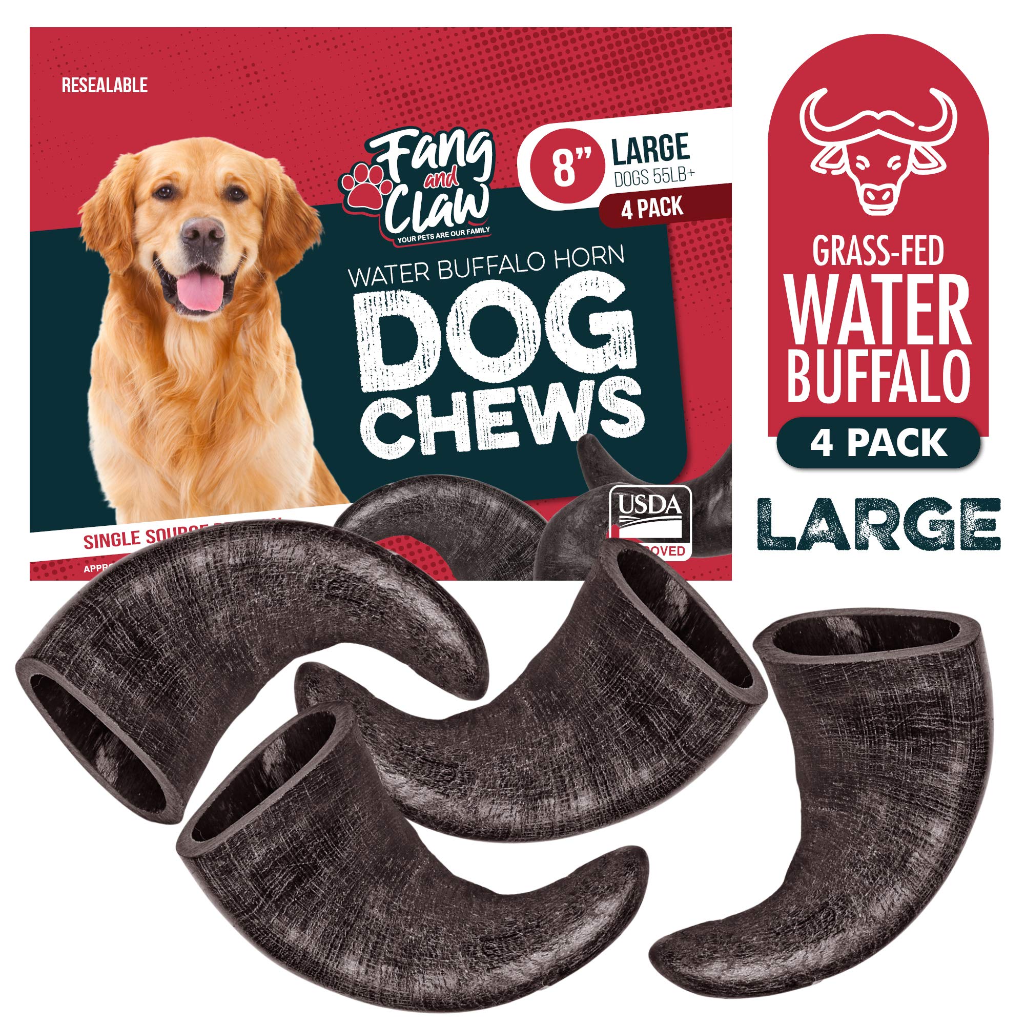 Fang & Claw - Cuernos de búfalo para perros (4 unidades, diferentes tamaños), alimentados con hierba de una sola fuente de proteína, sin productos químicos, aditivos, hormonas, larga duración de