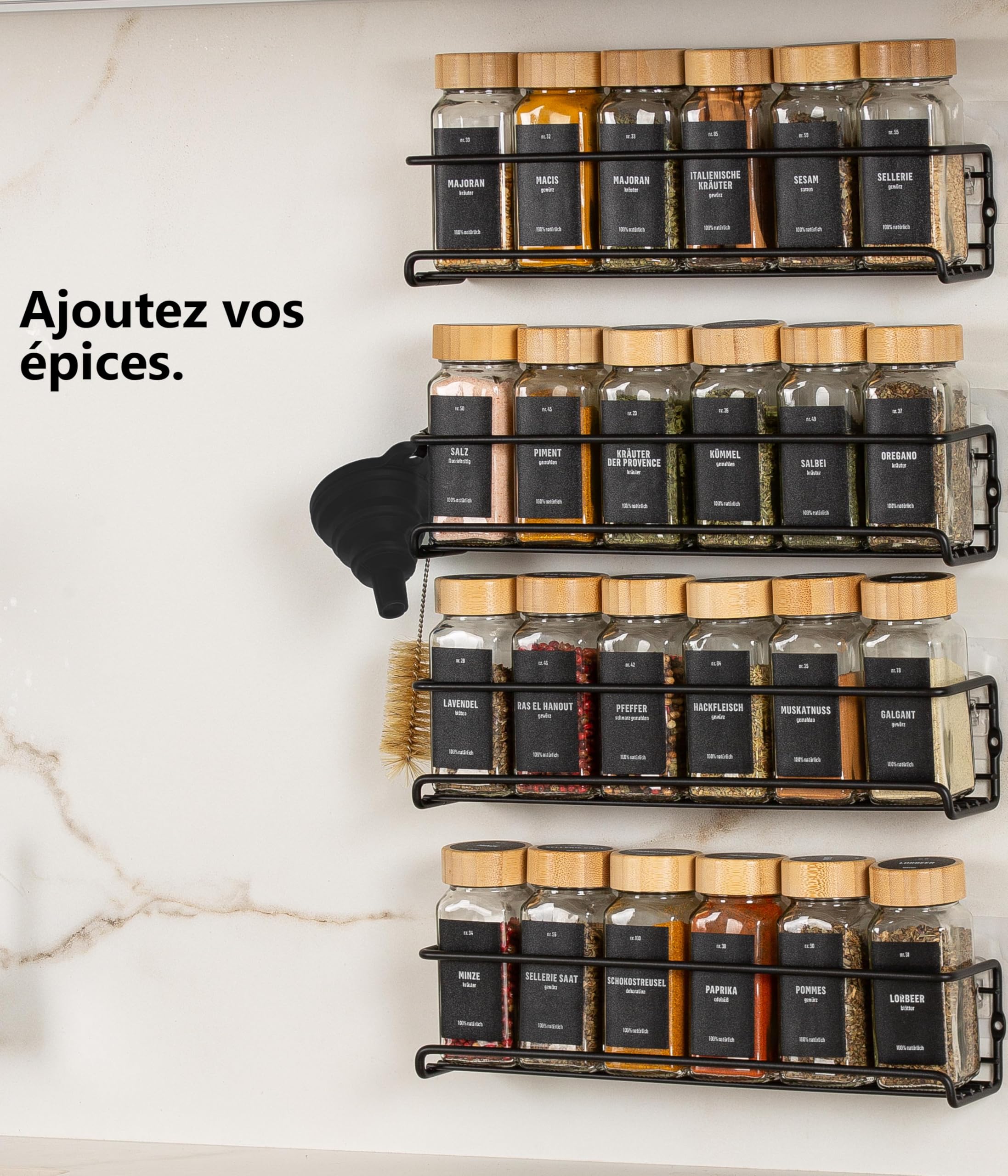 Deco haus® Etagere a Epices Murale Sans Percer avec 24 Pot à Épices en Verre - Porte-épices Murale 4 Pièces - Étagère de Rangement de Cuisine pour Épices - etagere epices cuisine murale