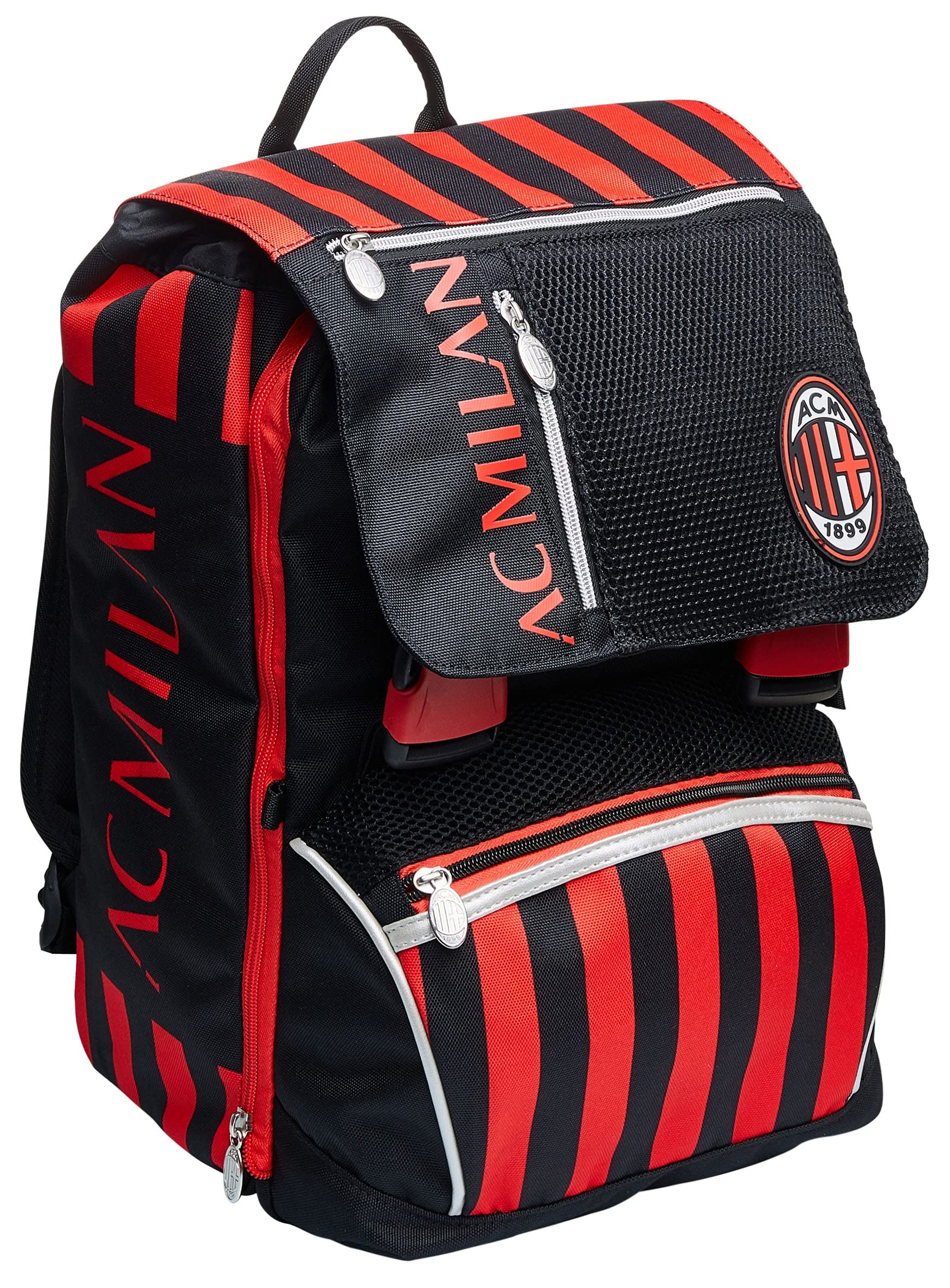 Seven Milan Zaino Doppio Scomparto Estensibile, Rosso e Nero, Squadra Calcio, Maxi Capienza, Schienale Preformato, Bambino, Tasche porta borraccia, Scuola Elementare