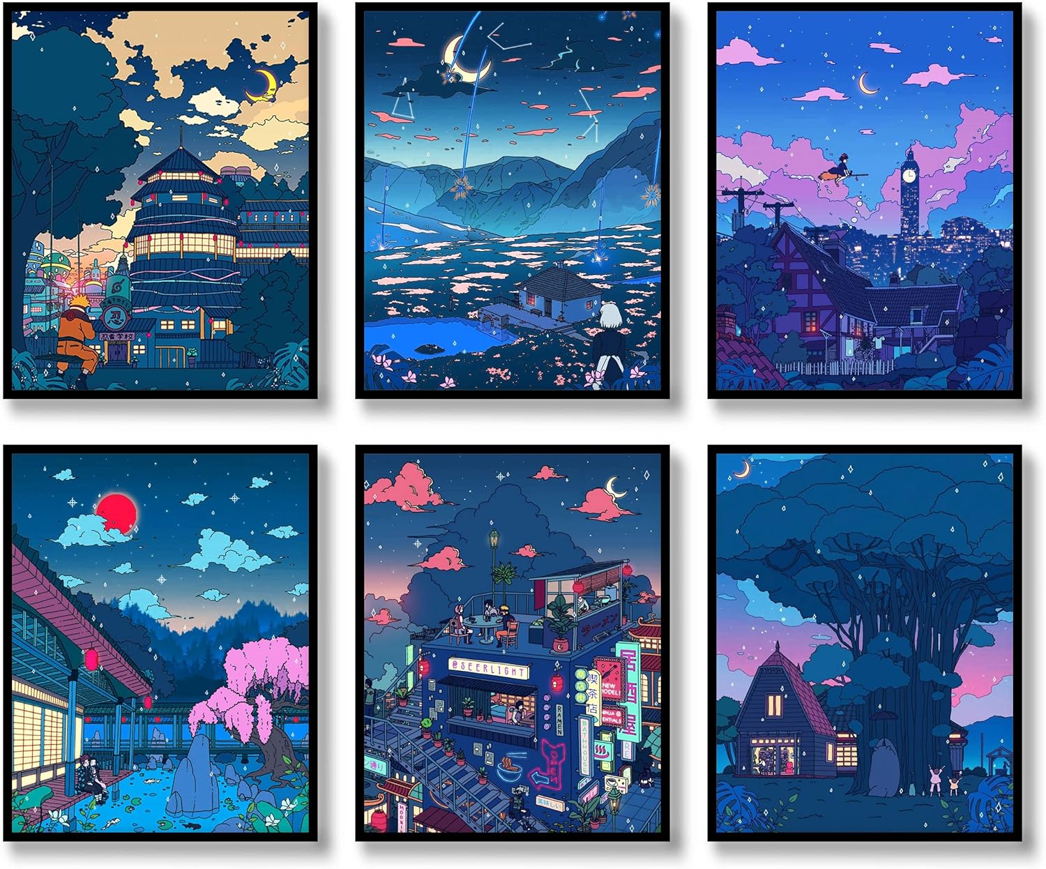 QQQDADA Japanese Wall Art Prints Set of 6 Comic Wall Art Starry Sky Posters Skyline