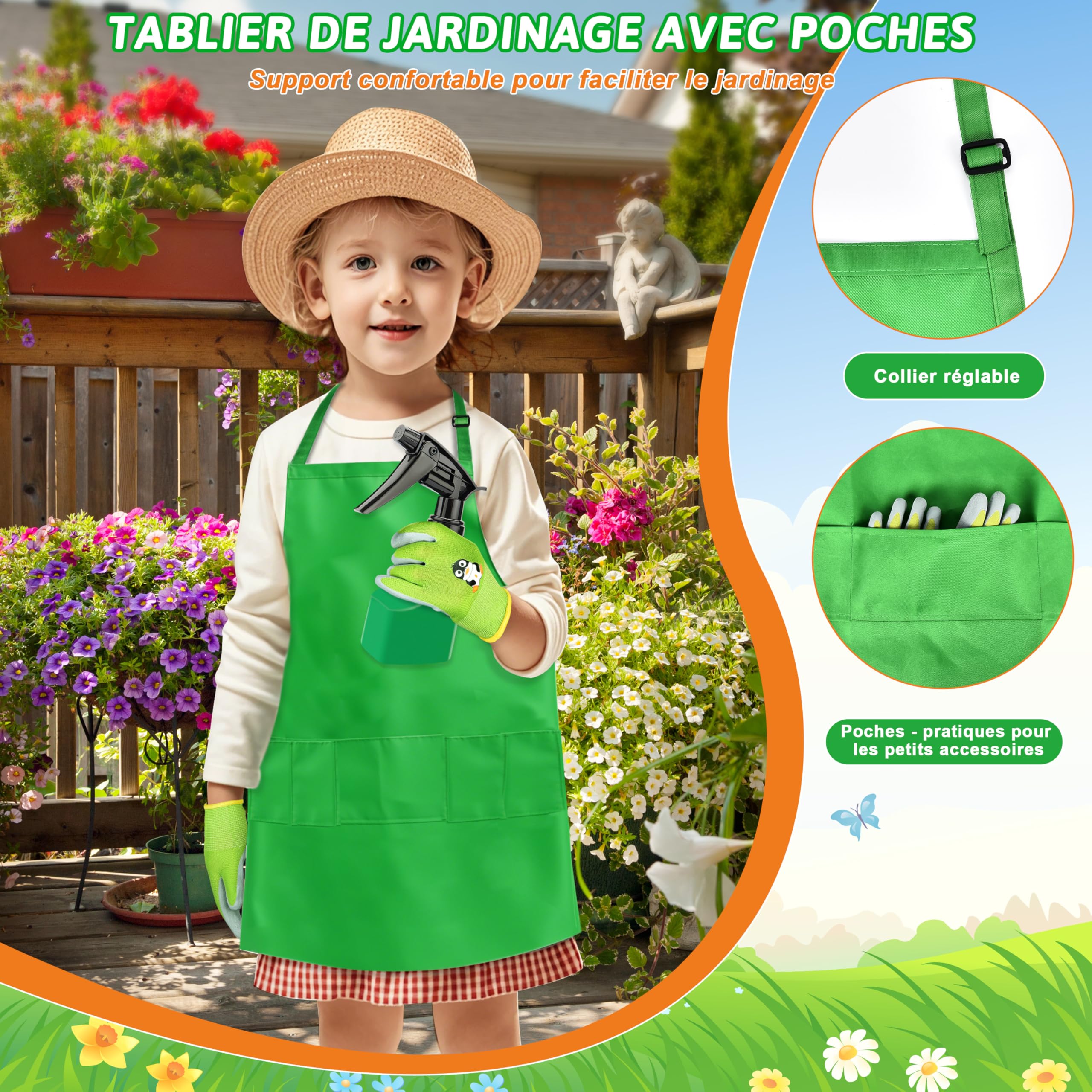 IEEILULU Ensemble d'Outils de Jardinage Enfant, Jouets de Jardinage avec Pelle Gants Tablier Arrosoir, Kit de Jardinage pour Garçons et Filles 3 Ans+ (Vert)