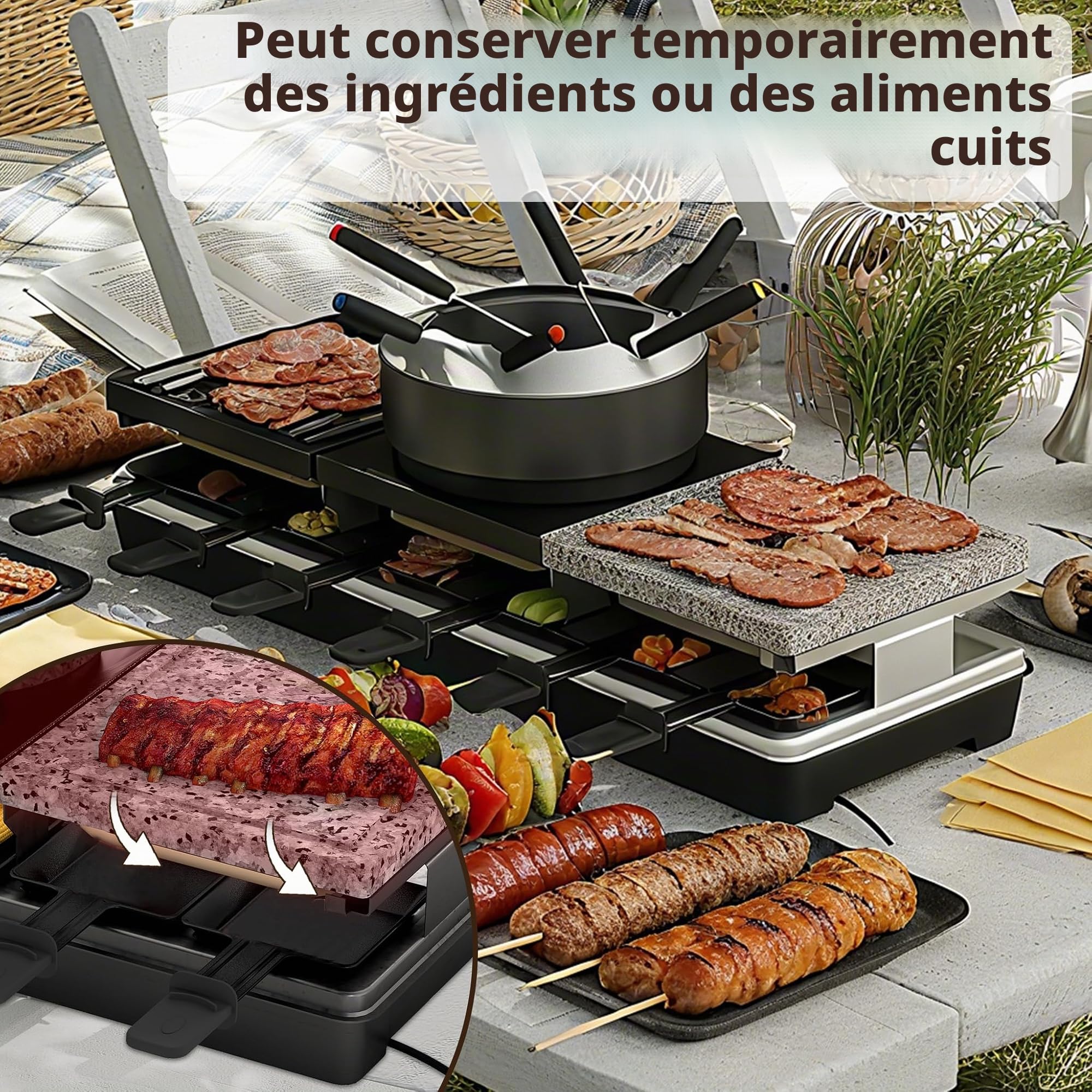 UISEBRT Raclette Grill pour 12 Personnes, Appareil à Raclette 3 en 1 avec Caquelons, Set de Fondue, Pierre Chaude, 12 Caquelons et 12 Spatules en Bois, Grill à Raclette avec Plaque de Cuisson