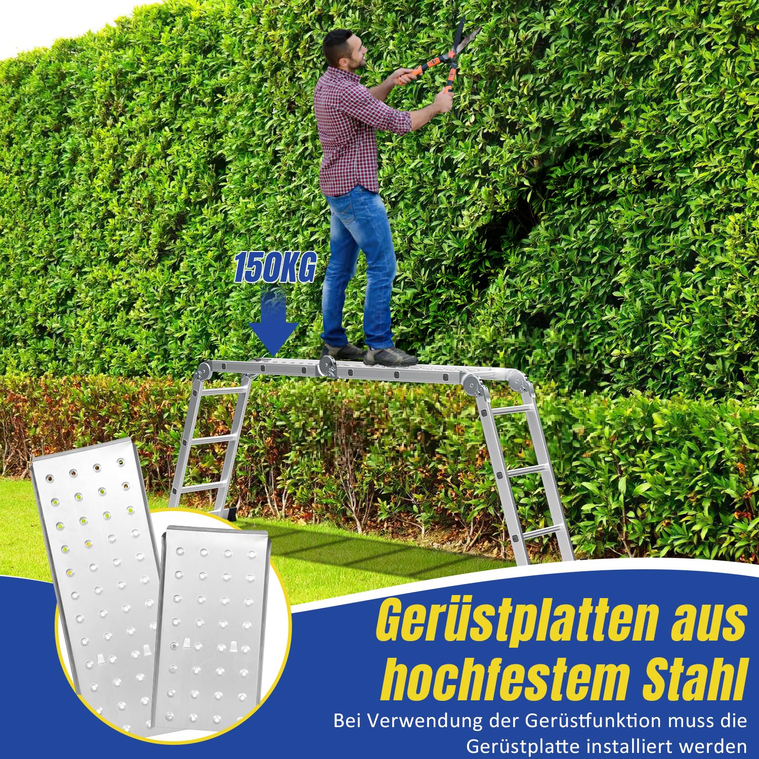 Fiqops - Escalera multifunción (4 x 3, 360 cm, 7 en 1, aluminio, con 2 plataformas y 2 ruedas de transporte, hasta 150 kg)