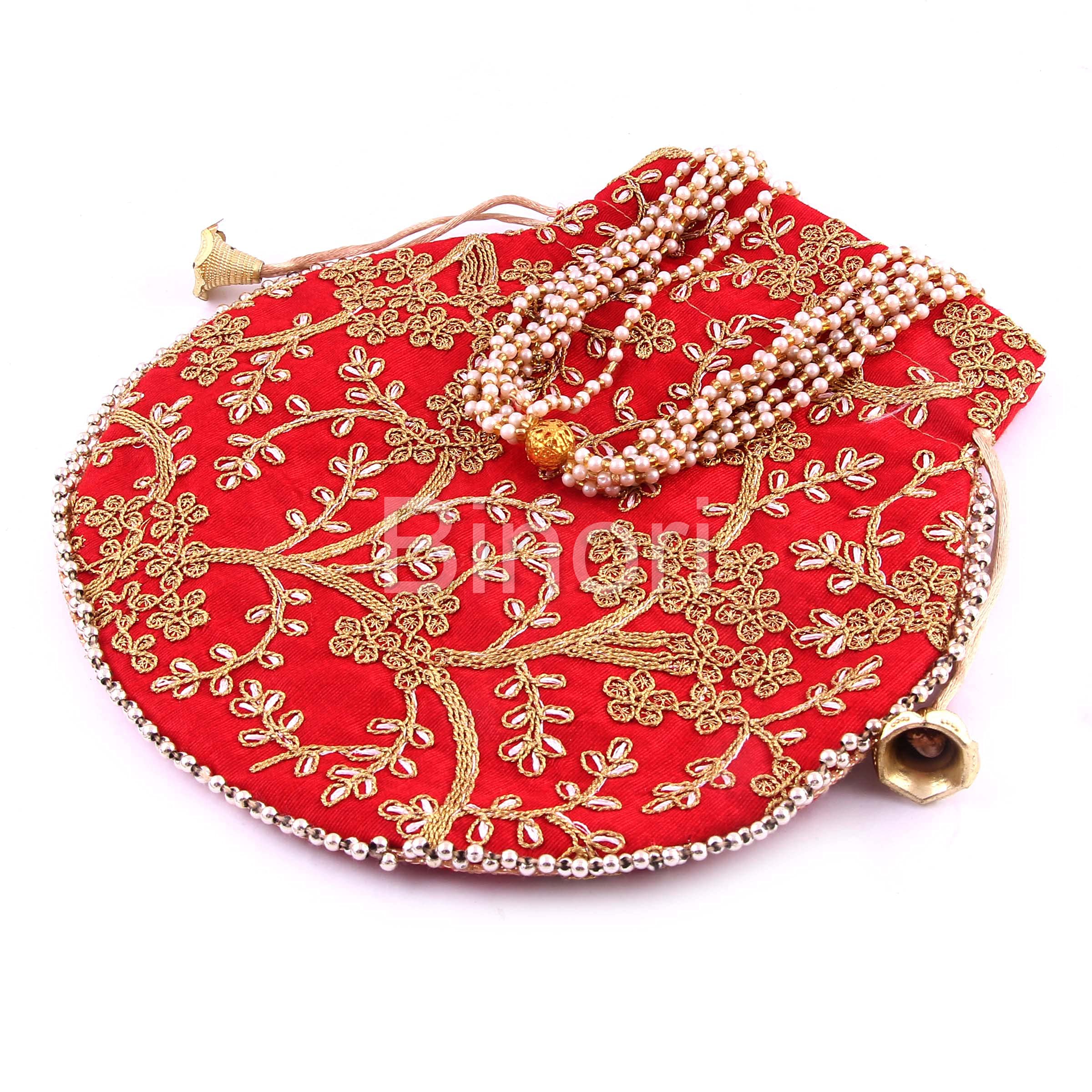 BINORI FASHIONS Rajasthani Style Royal Clutch Silk Batwa Bag Wristlets Ethnic Potli For Women's Zari Work Potli Bridal Potli (Red) 1