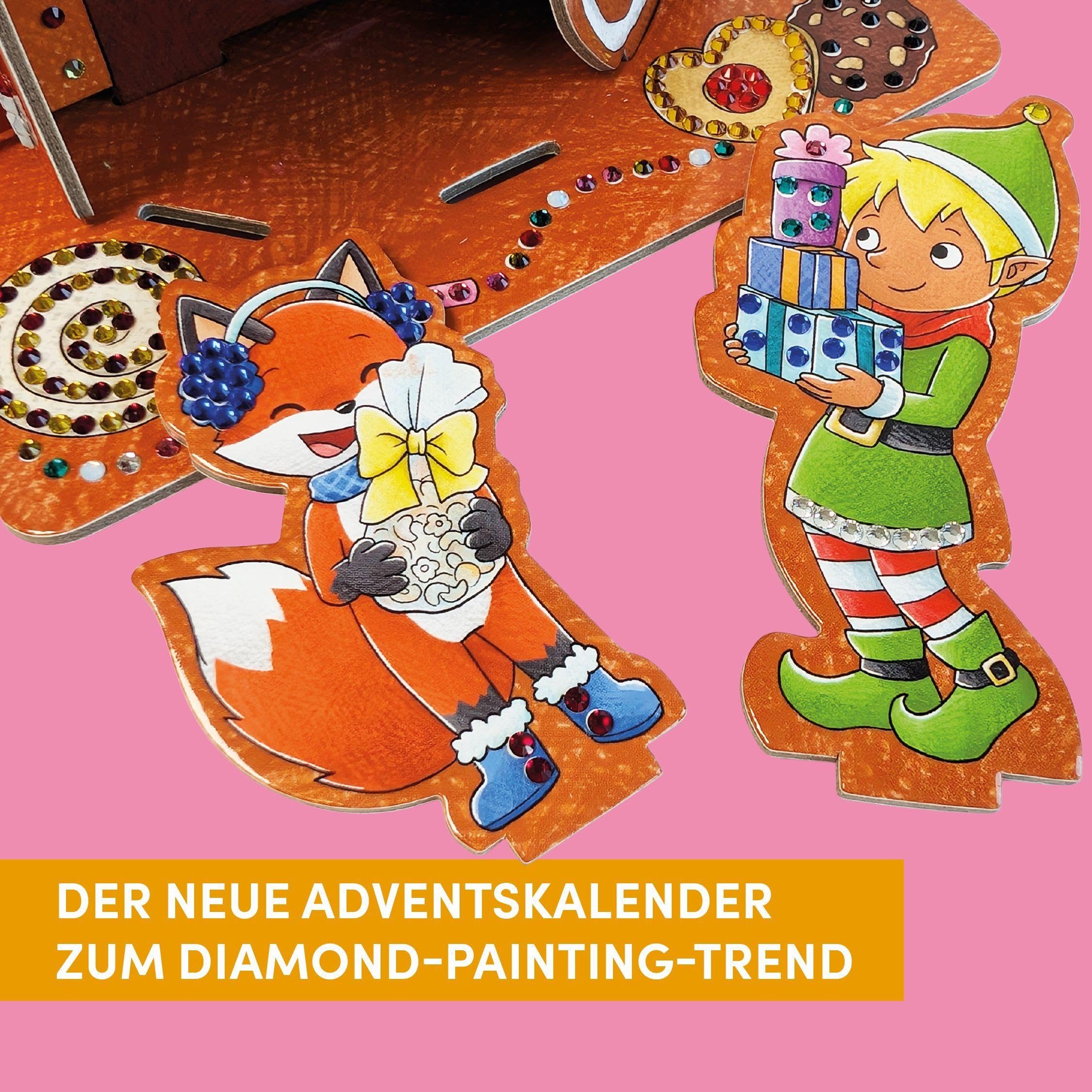 Diamond Painting Adventskalender Lebkuchenhaus. Mit Material und Werkzeug: 3D-Lebkuchenhaus, 1.200 Glas-Diamanten (19 Farben), Diamond Pen, Steinschiffchen, Wachs, Box