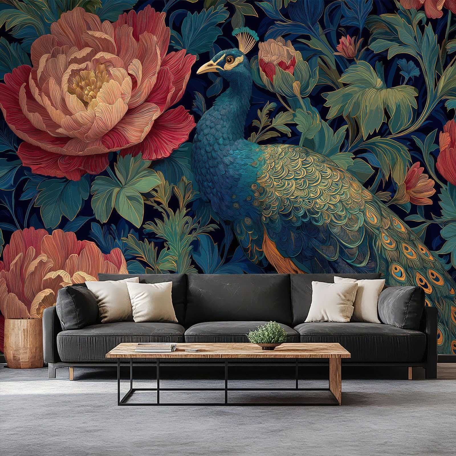 Papier Peint Luxe Élégant Vintage Paon Floral Panoramique Salon 500x280