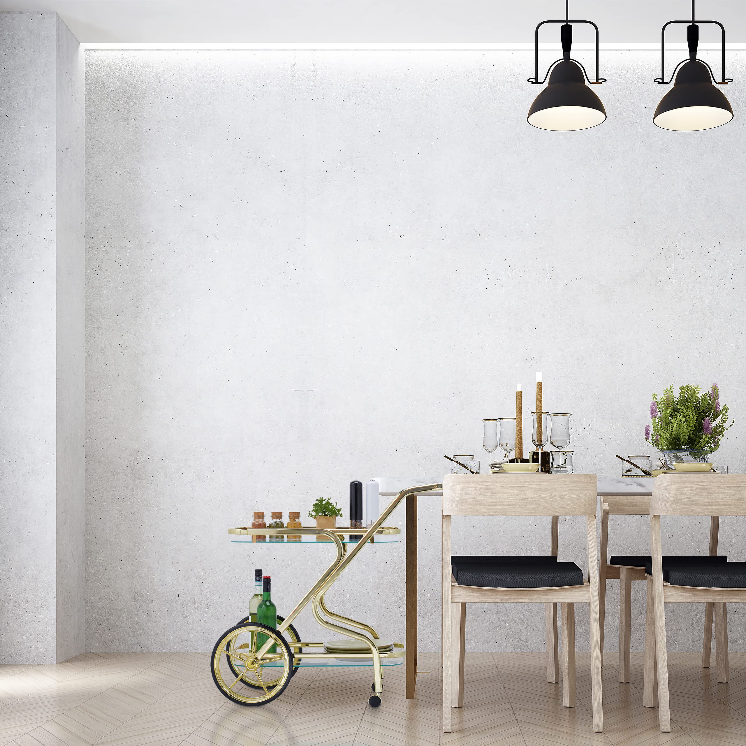 Relaxdays Carrito de Cocina, Camarera Servicio, 2 Baldas y 4 Ruedas, Hierro y Cristal, 80x43x85 cm, Bar y Salón, Latón