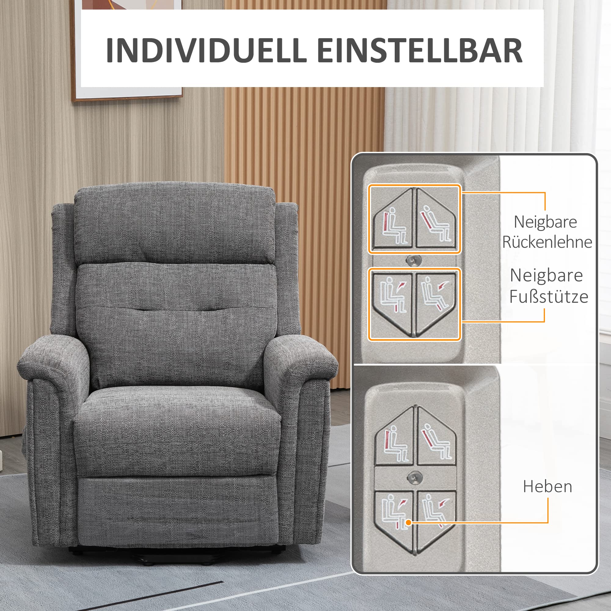 HOMCOM Fernsehsessel mit Aufstehhilfe Elektrisch Relaxsessel mit Liegefunktion, Fernbedienung 2 Motoren, TV-Sessel mit Seitentasche Leinen-Optik Seniorensessel Grau