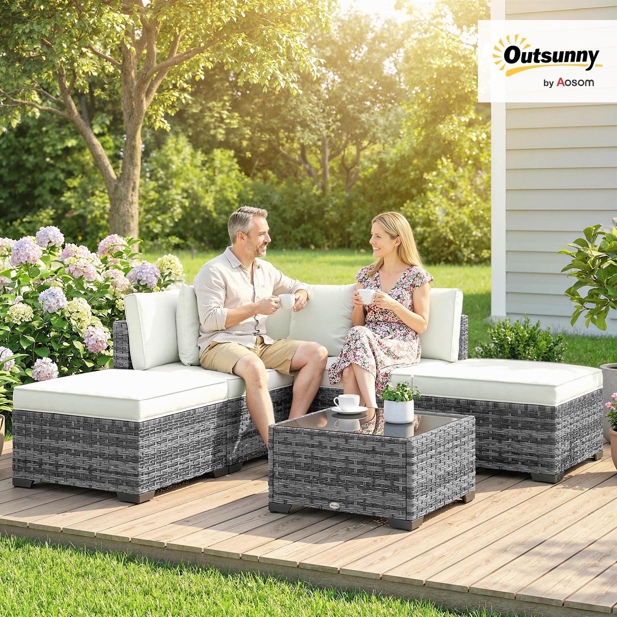 Outsunny Set Salotto da Giardino in Rattan 6 Pezzi, Set di Mobili da Giardino ad L con Divani senza Braccioli, Sedia Angolare, Poggiapiedi, Cuscini, Tavolino, Salottino da Esterno Patio, Grigio Misto