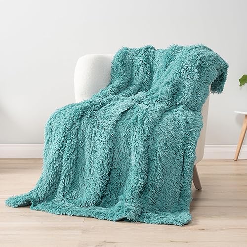 Miniatura 4 de PAVILIA Manta suave y esponjosa de piel sintética, color verde azulado, manta de sherpa cálida y peluda para cama, sofá, manta decorativa de felpa