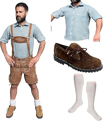 Trachten Set Herren 4-teilig - Lederhose + Hosenträger + Hemd + Hut Für Oktoberfest