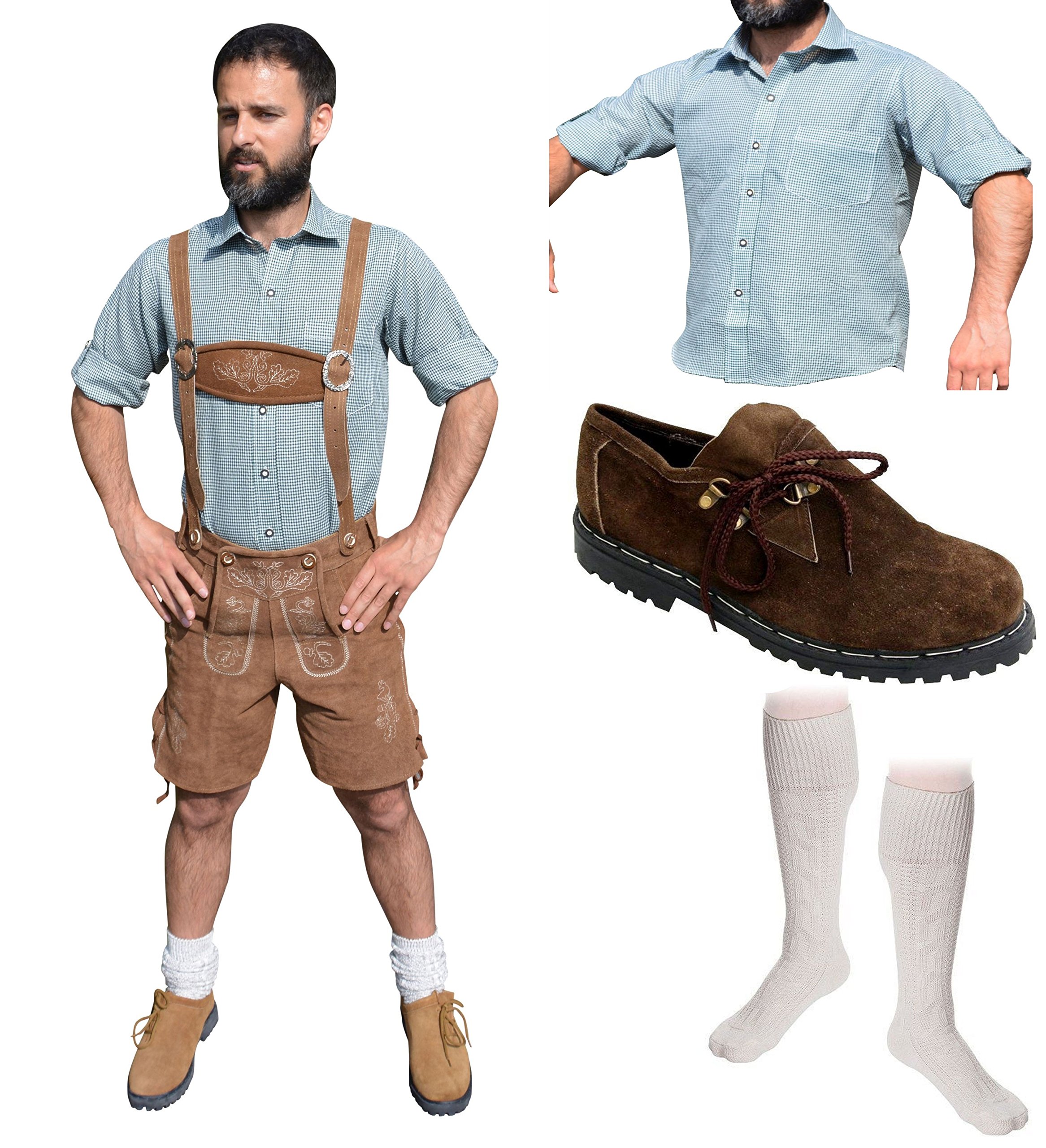 Herren Trachten Set E 5-teilig Trachten Lederhose * kurz * HELLBRAUN 46-60 Trachtenhemd Schuhe Socken Oktoberfest
